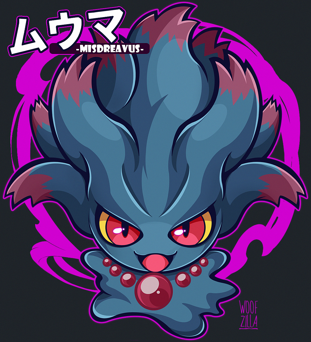 woofzilla, misdreavus, nintendo, pokemon, commentary, english commentary, translation request, black background, character name, colored sclera, full body, gen 2 pokemon, looking at viewer, no humans, open mouth, outline, pokemon (creature), purple outline, red eyes, signature, simple background, solo, yellow sclera