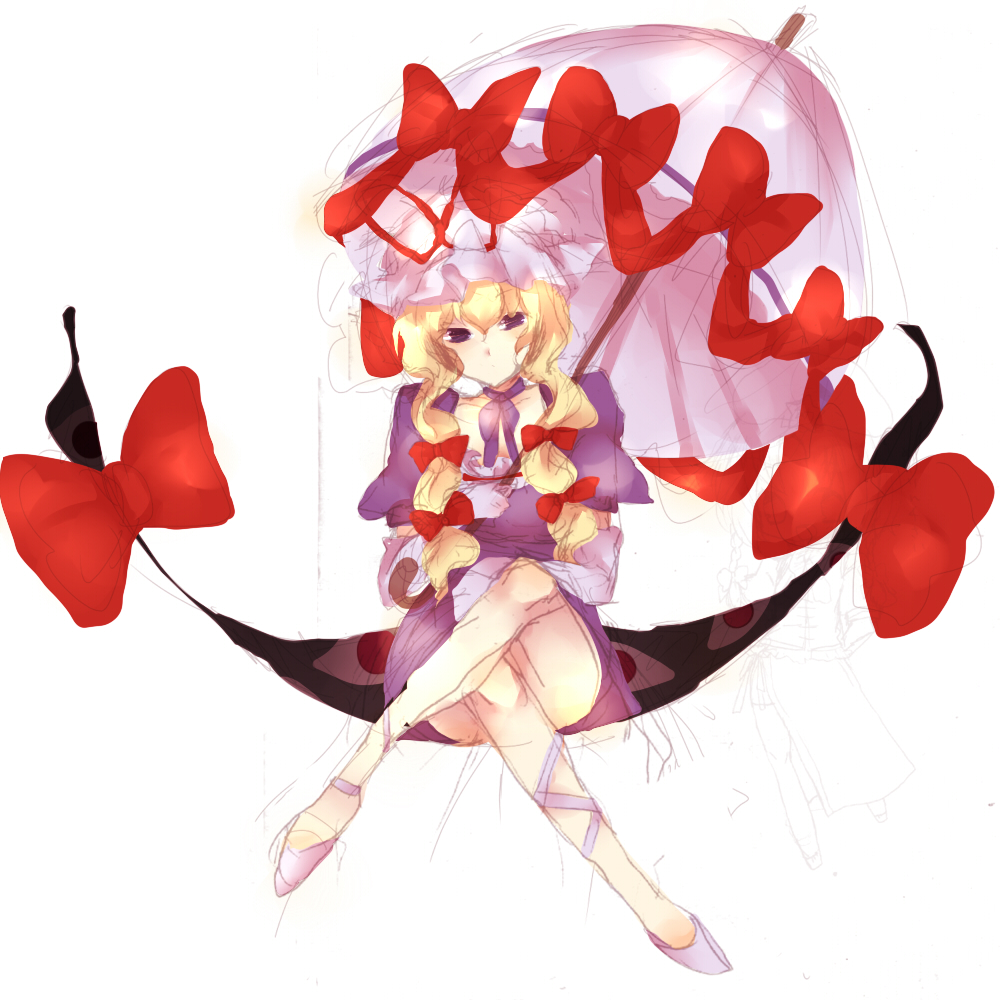 yakumo yukari, touhou, 1girl, crossed legs, dress, female focus, full body, hat, ribbon, sitting, solo, umbrella, white background