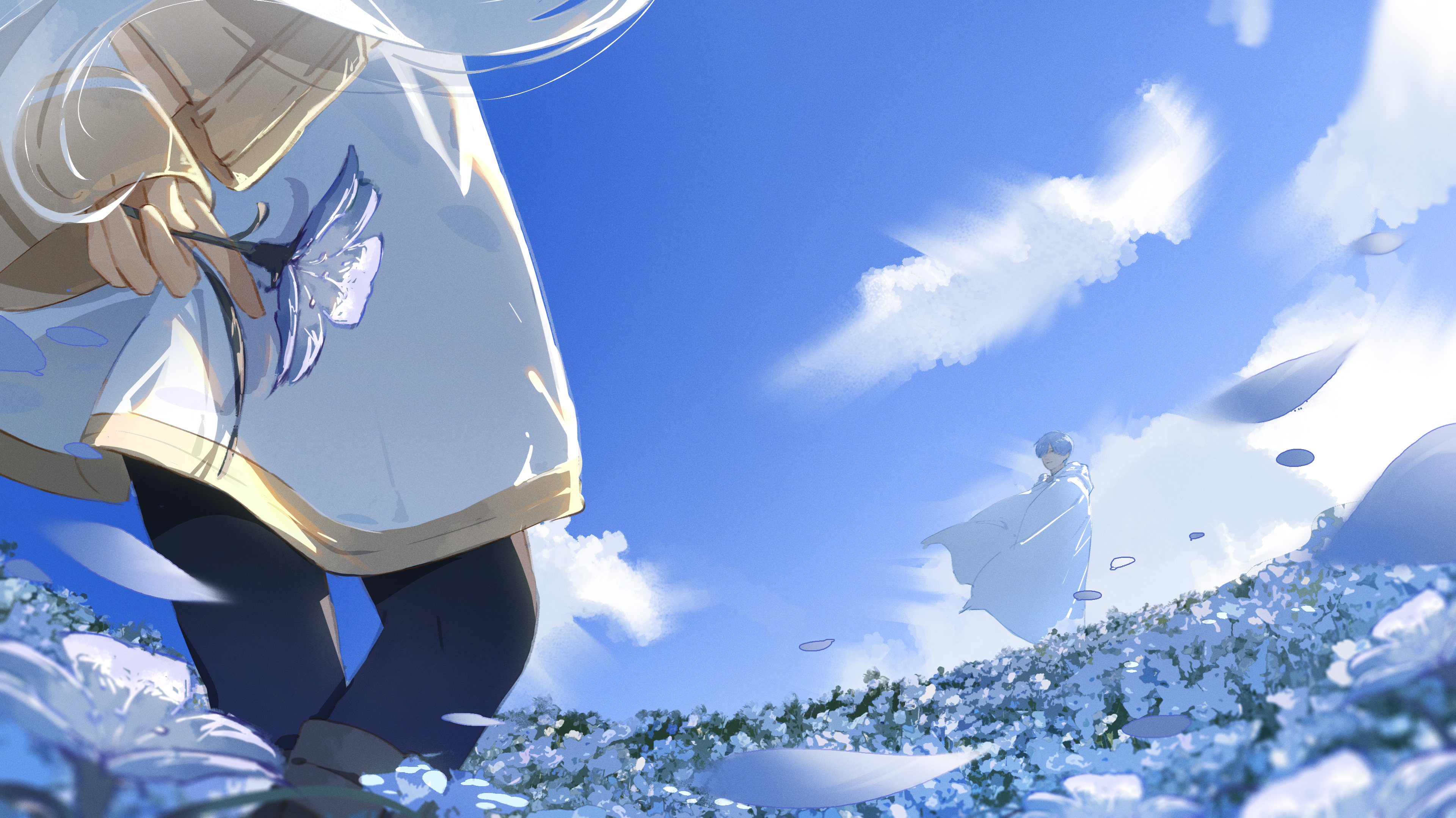 suoires, frieren, himmel (sousou no frieren), sousou no frieren, absurdres, chinese commentary, commentary request, highres, 1boy, 1girl, arm behind back, black pantyhose, blue flower, blue hair, blue sky, cape, cloud, day, falling petals, field, flower, flower field, holding, holding flower, long hair, outdoors, pantyhose, perspective, petals, skirt, sky, standing, walking, white cape, white hair, white skirt