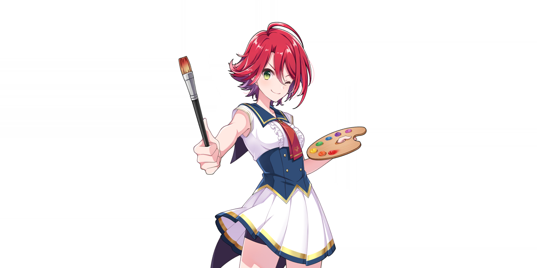 fiona (lapis re:lights), lapis re:lights, game cg, highres, official art, third-party source, 1girl, ahoge, black shorts, blue corset, blue sailor collar, breasts, buttons, closed mouth, corset, cowboy shot, double-breasted, dress, foreshortening, green eyes, holding, holding paint palette, holding paintbrush, looking at viewer, one eye closed, paint palette, paintbrush, red hair, sailor collar, school uniform, short hair, short sleeves, shorts, shorts under skirt, simple background, skirt, small breasts, smile, solo, transparent background, white dress, white skirt