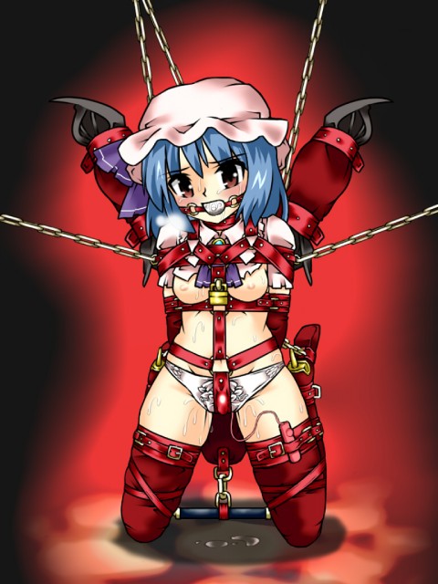 lilish, remilia scarlet, touhou, 1girl, ball gag, bdsm, bondage, bondage outfit, bound, breasts, chain, female focus, frogtie, gag, gagged, nipples, panties, sex toy, solo, spreader bar, thighhighs, topless female, underwear, vibrator, wings