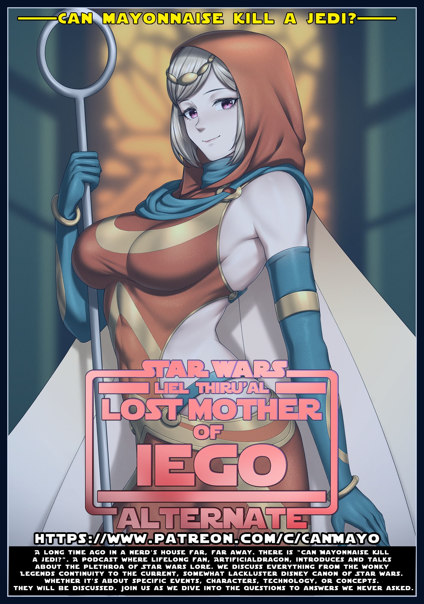 zxpfer, star wars, highres, alien, angel, black gloves, blonde hair, blue eyes, bodysuit, bracelet, breasts, forehead jewel, gloves, hood, hood up, jewelry, medium breasts, revealing clothes, short hair, skin tight, smile, staff, window, wings