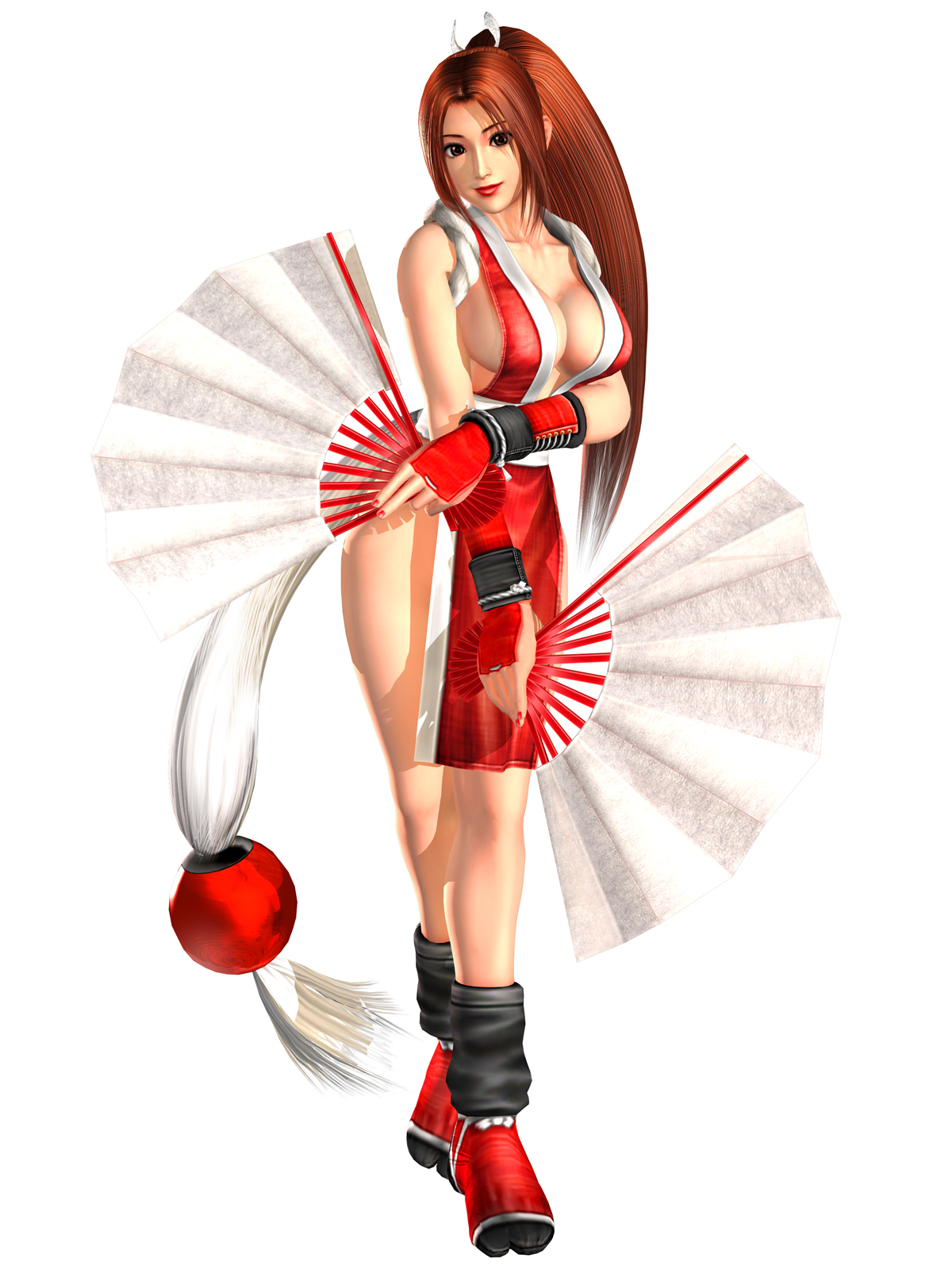 shiranui mai, fatal fury, kof: maximum impact, snk, the king of fighters, highres, 1girl, 3d, breasts, brown hair, female focus, folding fan, hand fan, kof mi2, large breasts, ninja, pelvic curtain, ponytail, revealing clothes, solo