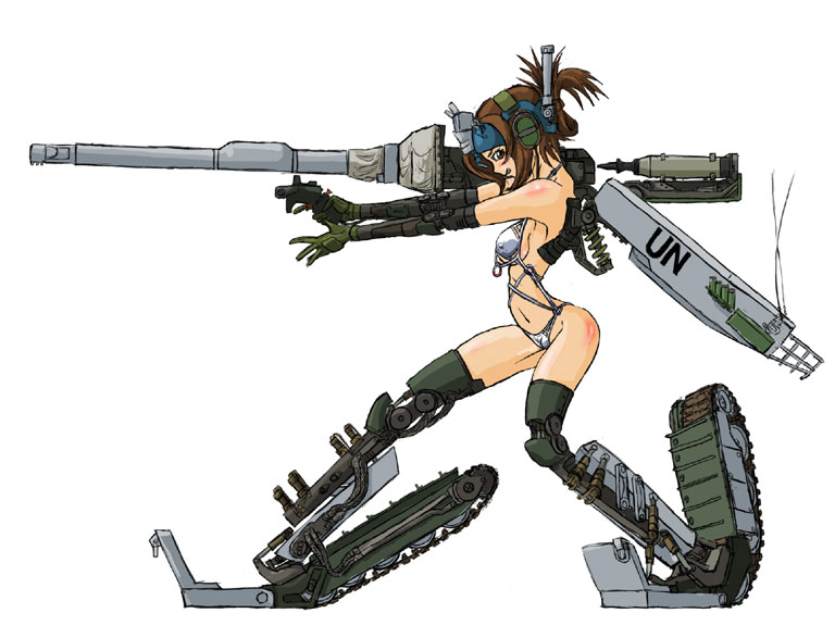 kondou minoru, type 90 (tank) (personification), japan ground self-defense force, japan ministry of defense technology research and development institute, japan self-defense force, mitsubishi, mitsubishi heavy industries, original, rheinmetall, vehicle, 120x570mm nato, 120x570mm nato jm33 apfsds, 1girl, alloy (metal mixture), ammunition, armor-piercing ammunition, armor-piercing discarding sabot, armor-piercing fin-stabilized discarding sabot, caterpillar tracks, female focus, kinetic energy penetrator, mecha musume, military, military vehicle, motor vehicle, personification, revealing clothes, rheinmetall rh-120, sabot, shell (projectile), simple background, solo, sub-caliber ammunition, supersonic ammunition, tank, tungsten ammunition, tungsten penetrator, type 90 (tank)