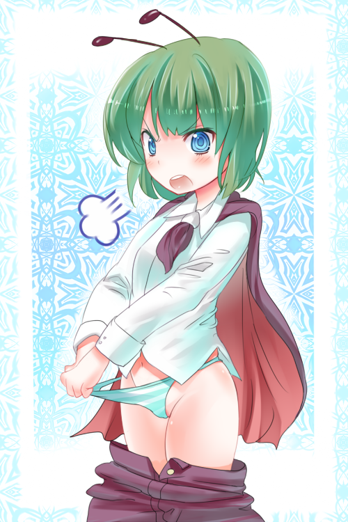 mamepon, wriggle nightbug, touhou, fume, bad id, bad pixiv id, 1girl, androgynous, angry, antennae, blue eyes, blush, cape, clothes pull, female focus, green hair, panties, pants, pants pull, panty pull, pulling own clothes, reverse trap, short hair, solo, striped clothes, striped panties, underwear