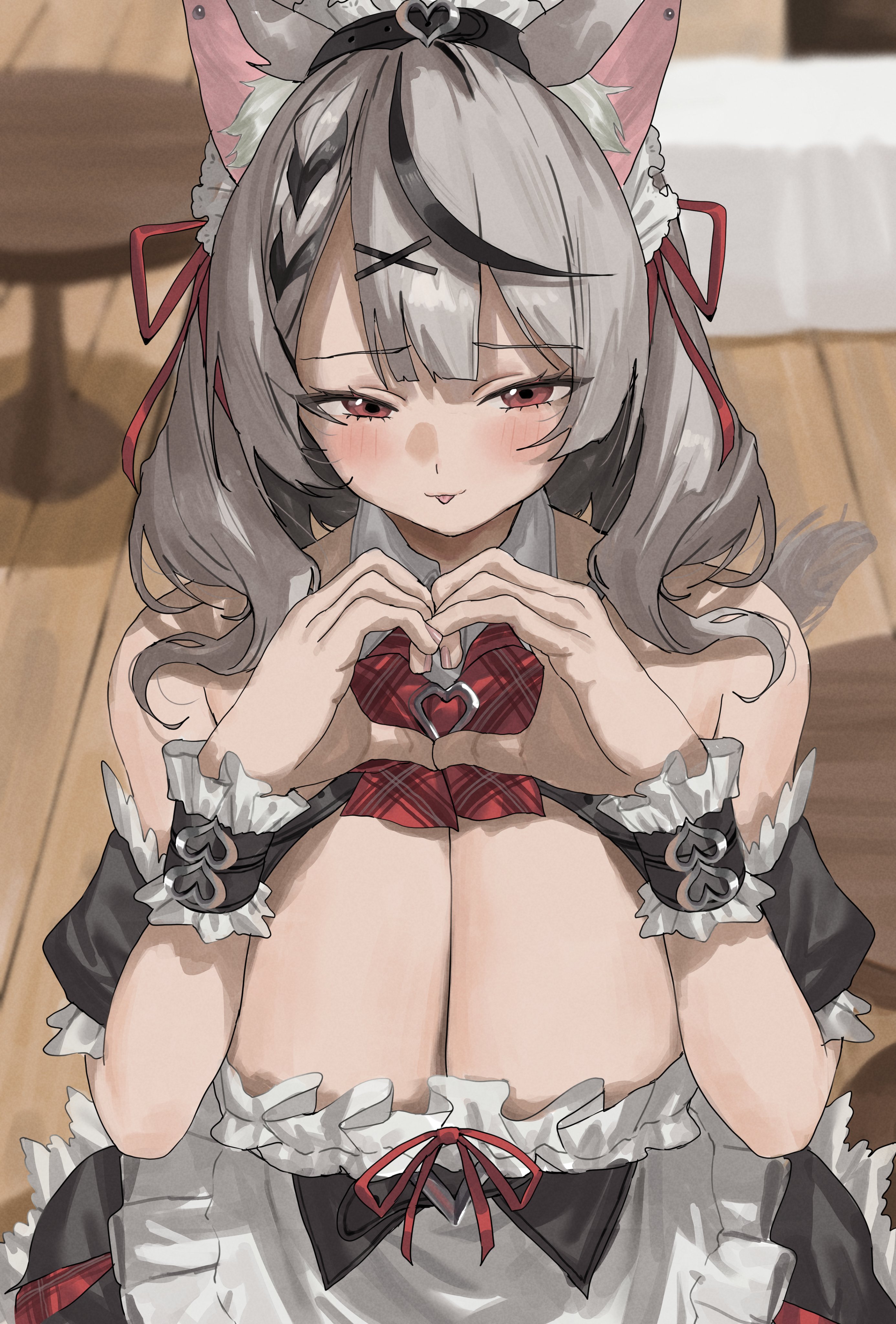 nekoshima kaede, sakamata chloe, hololive, absurdres, commentary, highres, 1girl, :p, alternate costume, animal ears, bare shoulders, black hair, blurry, blurry background, blush, bow, bowtie, breasts, cleavage, grey hair, hair ornament, hair ribbon, heart, heart hands, kemonomimi mode, large breasts, looking at viewer, multicolored hair, red bow, red bowtie, red ribbon, ribbon, solo, streaked hair, tongue, tongue out, virtual youtuber, wrist cuffs, x hair ornament