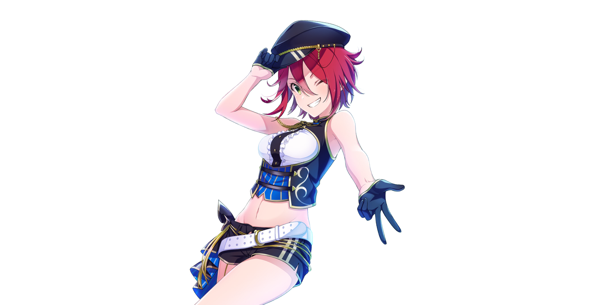 fiona (lapis re:lights), lapis re:lights, game cg, highres, official art, third-party source, 1girl, bare arms, bare shoulders, belt, black gloves, black hat, black shorts, black vest, breasts, cowboy shot, crop top, gloves, green eyes, grin, groin, hair between eyes, hand on headwear, hat, medium breasts, midriff, navel, one eye closed, red hair, shirt, short hair, shorts, simple background, smile, solo, transparent background, vest, white belt, white shirt