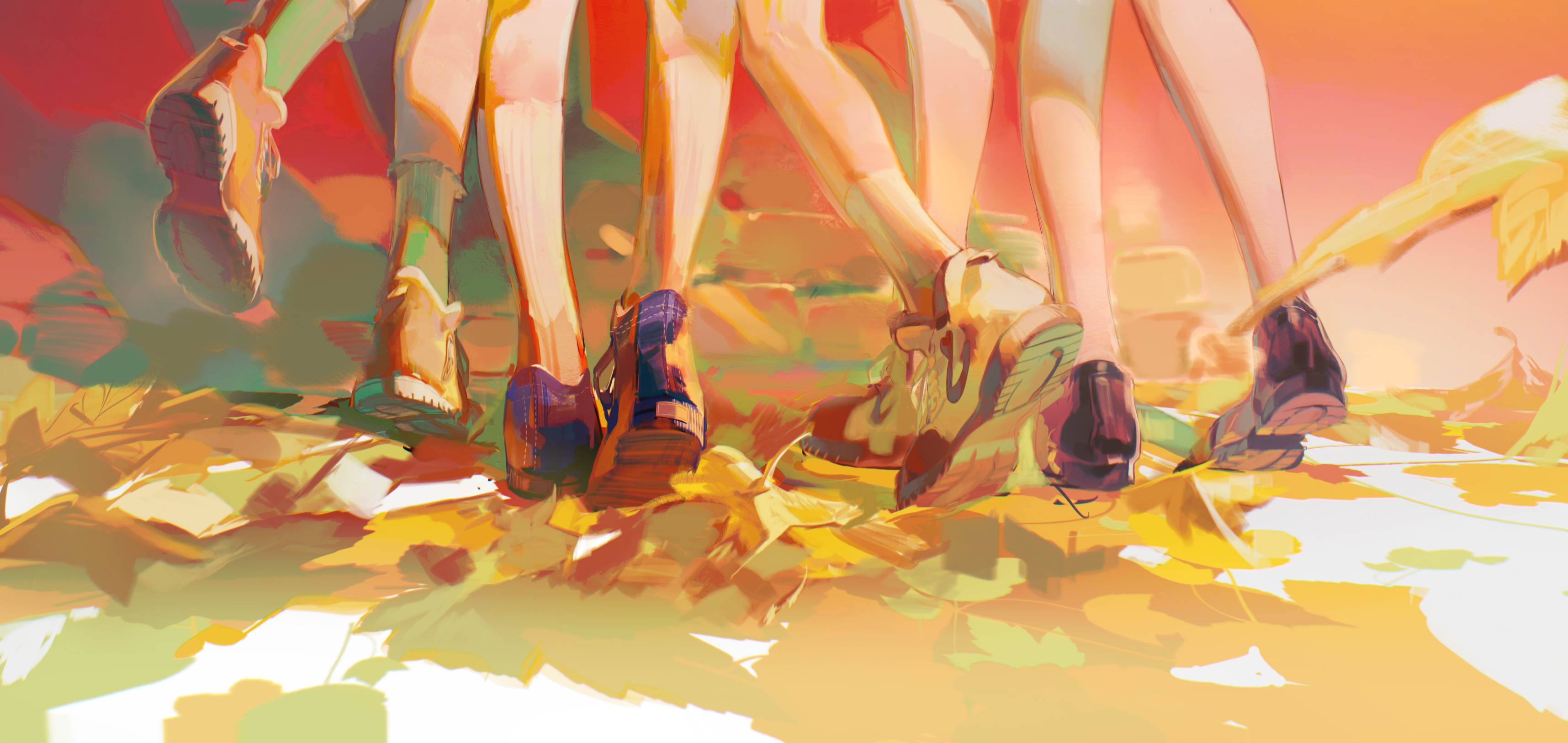 dango (pixiv10520636), original, absurdres, commentary, english commentary, highres, 4others, ambiguous gender, colorful, day, feet, foot focus, lower body, multicolored shoes, multiple others, outdoors, shoes, sneakers, standing
