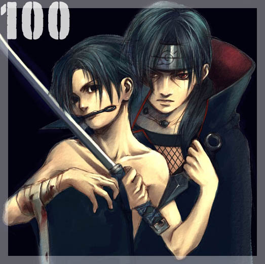 uchiha itachi, uchiha sasuke, naruto (classic), naruto (series), artist request, 2boys, akatsuki (naruto), bandages, blood, incest, kunai, male focus, mouth hold, multiple boys, sword, topless male, weapon, yaoi
