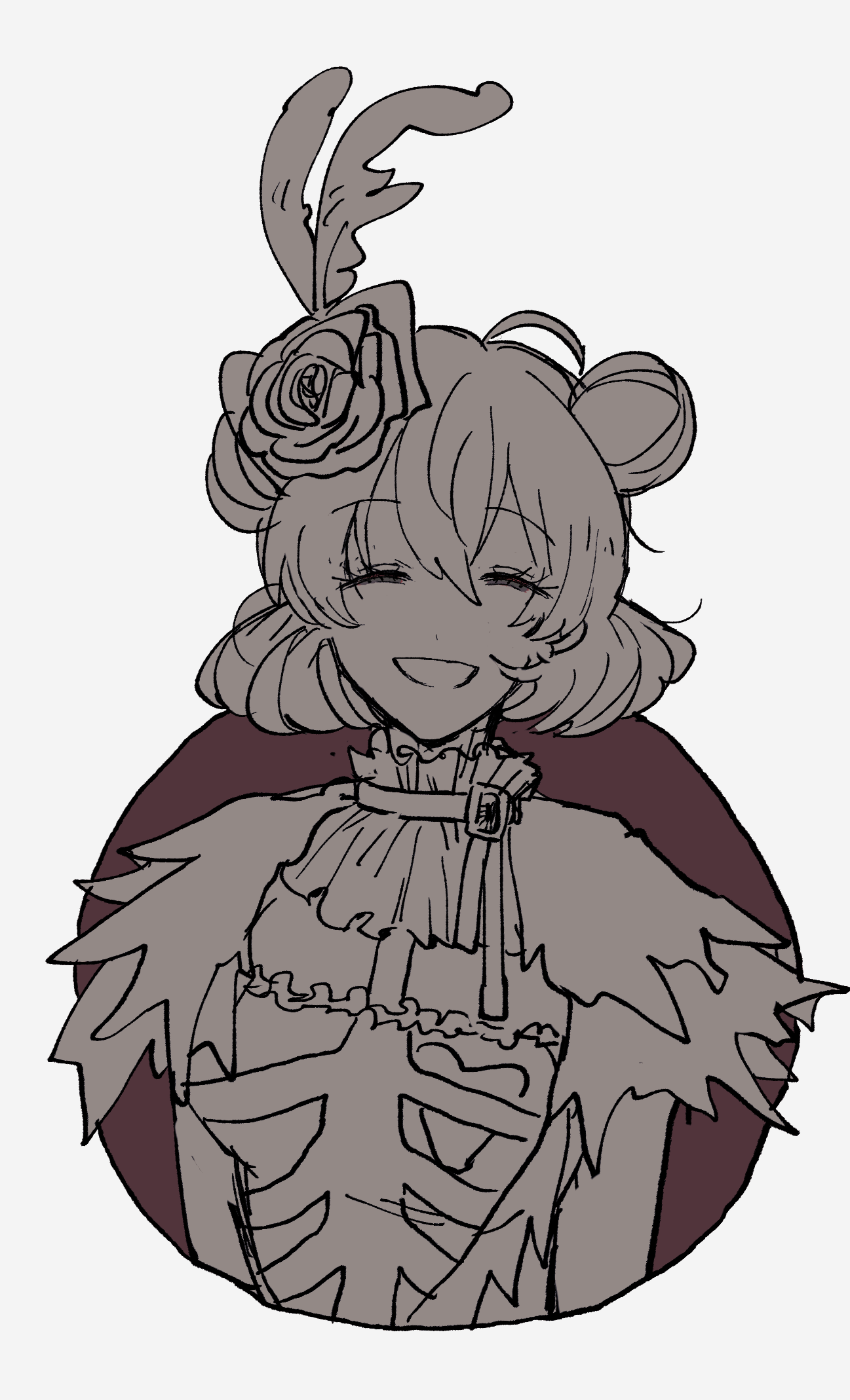 47music2, minnie mouse, disneyland, mickey mouse & friends, highres, 1girl, animal ears, closed mouth, double bun, dress, hair bun, humanization, looking at viewer, monochrome, mouse ears, mouse girl, short hair, smile, solo