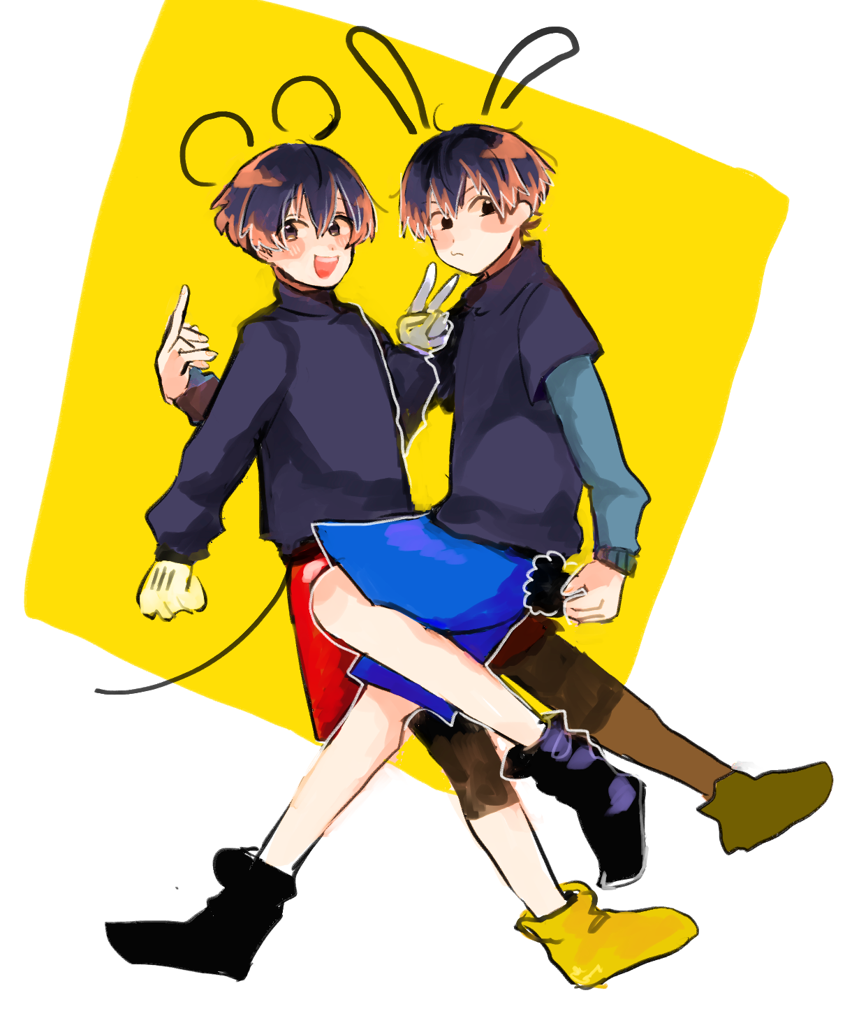 47music2, mickey mouse, oswald the lucky rabbit, epic mickey, mickey mouse & friends, highres, 2boys, animal ears, black hair, humanization, looking at viewer, male focus, mouse boy, multiple boys, open mouth, personification, rabbit boy, shirt, short hair, shorts, smile