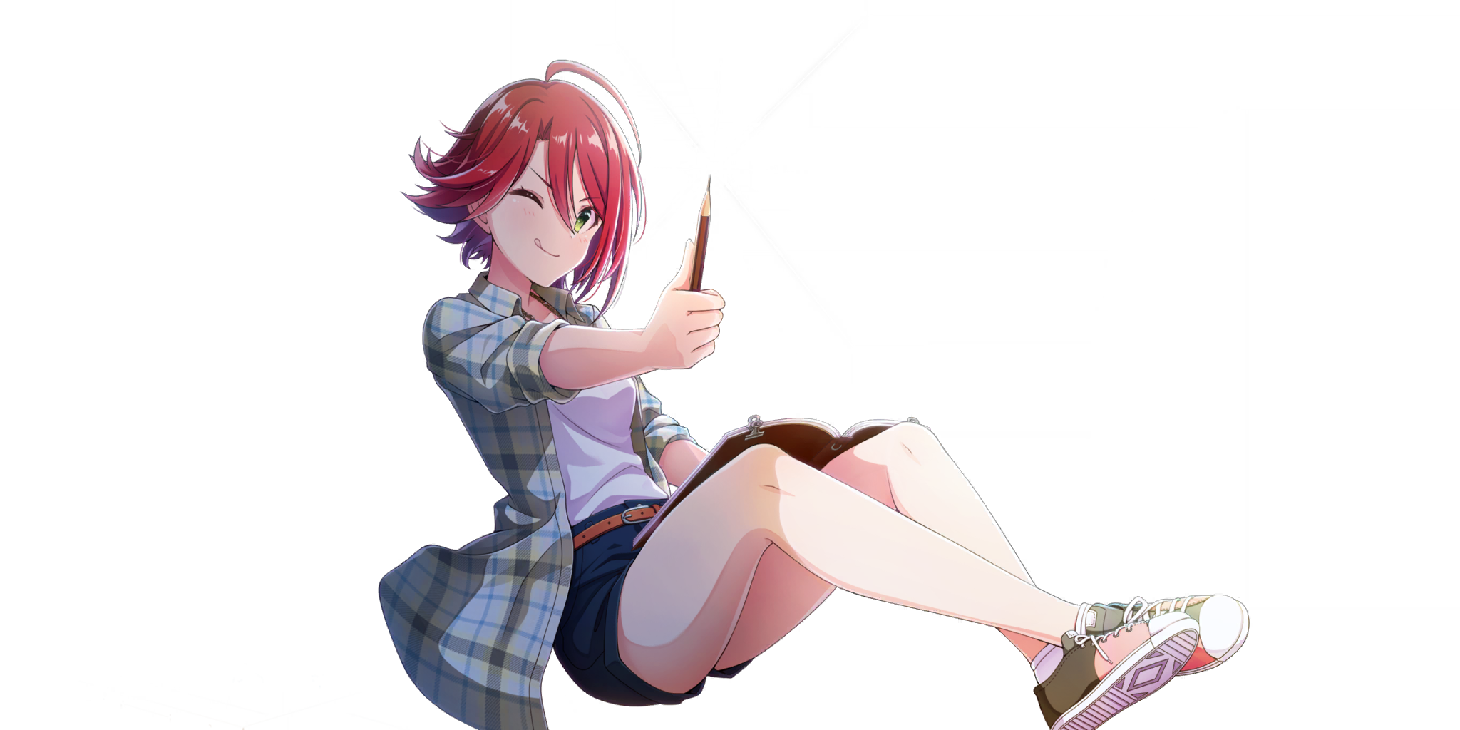 fiona (lapis re:lights), lapis re:lights, game cg, highres, official art, third-party source, 1girl, ;q, ahoge, bare legs, belt, blue shorts, book, book on lap, breasts, brown belt, green eyes, green shirt, green shoes, holding, holding pencil, knees up, one eye closed, open book, open clothes, open shirt, pencil, plaid clothes, plaid shirt, red hair, shirt, shoes, short hair, shorts, simple background, sitting, small breasts, sneakers, solo, tongue, tongue out, transparent background, white shirt