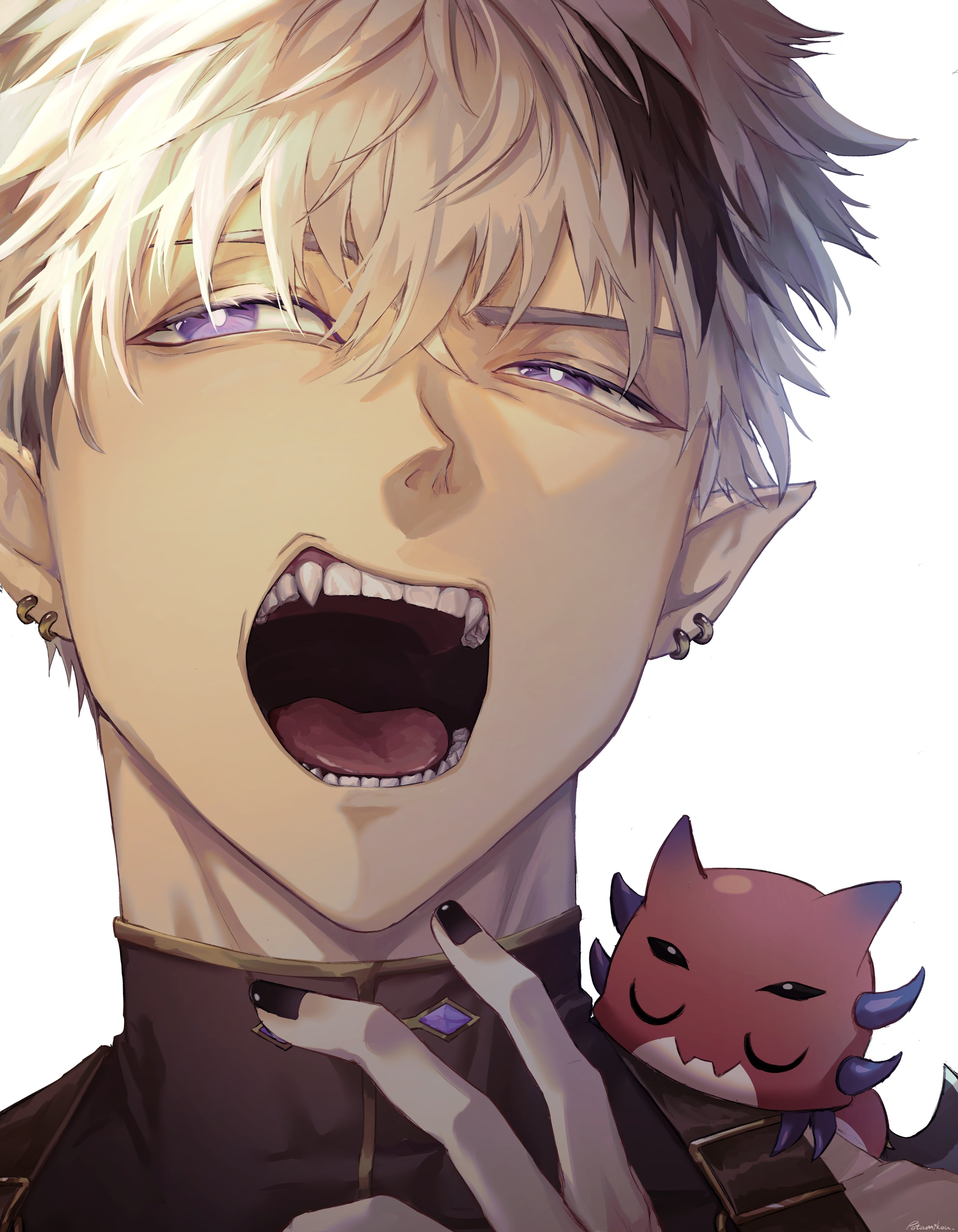 potamikouu, crimzon ruze, holostars, holostars english, absurdres, highres, 1boy, artist name, black hair, black nails, bright pupils, creature, creature on shoulder, earrings, extra eyes, fangs, grey hair, hair between eyes, horns, jewelry, male focus, multicolored hair, on shoulder, open mouth, pointy ears, portrait, purple eyes, ruzader (crimzon ruze), sharp tail, signature, teeth, two-tone hair, virtual youtuber, white background
