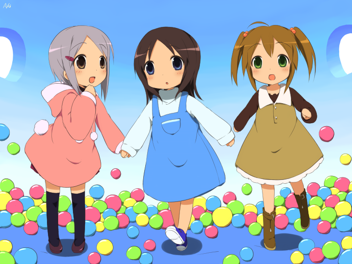 kareha aki, original, bad id, bad pixiv id, 3girls, ball, black shoes, black socks, blue dress, blue eyes, blue shoes, boots, brown boots, brown dress, brown eyes, brown hair, child, dot nose, dress, female focus, green eyes, grey hair, hair bobbles, hair ornament, hairclip, holding hands, hooded dress, indoors, kneehighs, long sleeves, looking at viewer, looking to the side, multicolored dress, multiple girls, open mouth, parted bangs, pinafore dress, pink dress, shirt, shoes, short hair, short twintails, sidelocks, sleeveless dress, socks, standing, twintails, two side up, white dress, white shirt