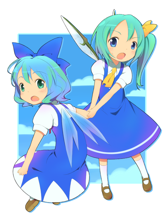 kareha aki, cirno, daiyousei, embodiment of scarlet devil, touhou, bad id, bad pixiv id, 2girls, female focus, green hair, multiple girls, side ponytail, wings