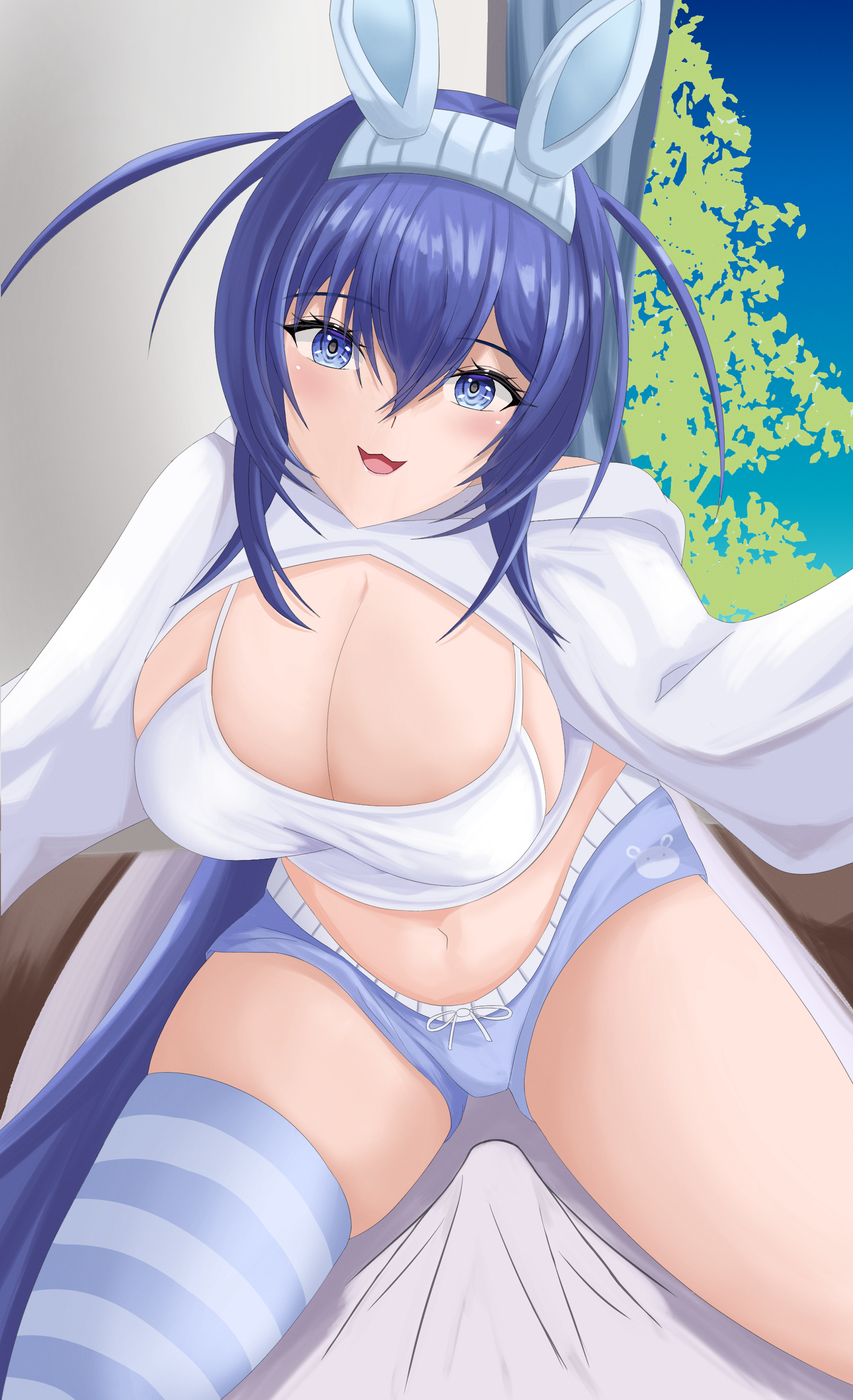 teaoe, new jersey (azur lane), new jersey (private quarters) (azur lane), azur lane, absurdres, highres, 1girl, animal ears, blue eyes, blue hair, blue shorts, blue thighhighs, blush, breasts, camisole, cleavage, crop top, drawstring, erection under blanket, fake animal ears, girl on top, hood, hood down, large breasts, long hair, long sleeves, looking at viewer, micro shorts, midriff, nail polish, navel, official alternate costume, open mouth, pov, pov crotch, rabbit ears, shirt, shorts, shrug (clothing), side ponytail, single thighhigh, skindentation, sleeveless, sleeveless shirt, smile, solo, spaghetti strap, stomach, thighhighs, thighs, very long hair, white shirt, white shrug