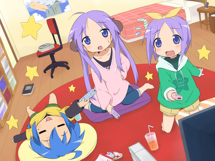 kareha aki, hiiragi kagami, hiiragi tsukasa, izumi konata, suzumiya haruhi, lucky star, suzumiya haruhi no yuuutsu, bad id, bad pixiv id, 00s, 3girls, aged down, ahoge, antenna hair, barefoot, bedroom, controller, game console, hood, hoodie, joystick, lying, mole, mole under eye, multiple girls, on back, playing games, remote control, siblings, sisters, sitting, twins, video game, wii