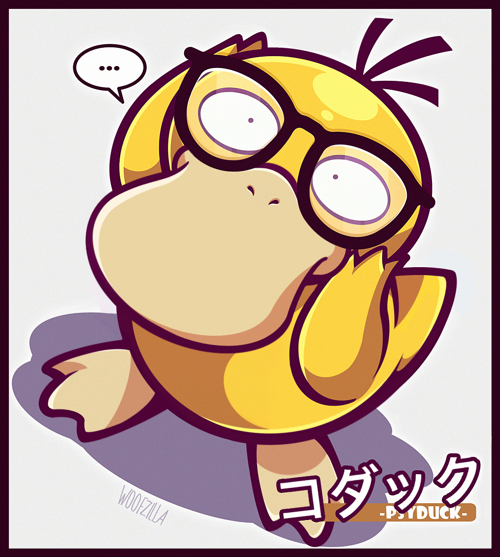 woofzilla, psyduck, nintendo, pokemon, commentary, english commentary, translation request, …, bespectacled, character name, closed mouth, from above, full body, gen 1 pokemon, glasses, hands on own head, no humans, nostrils, pokemon (creature), shadow, signature, solo, spoken ellipsis
