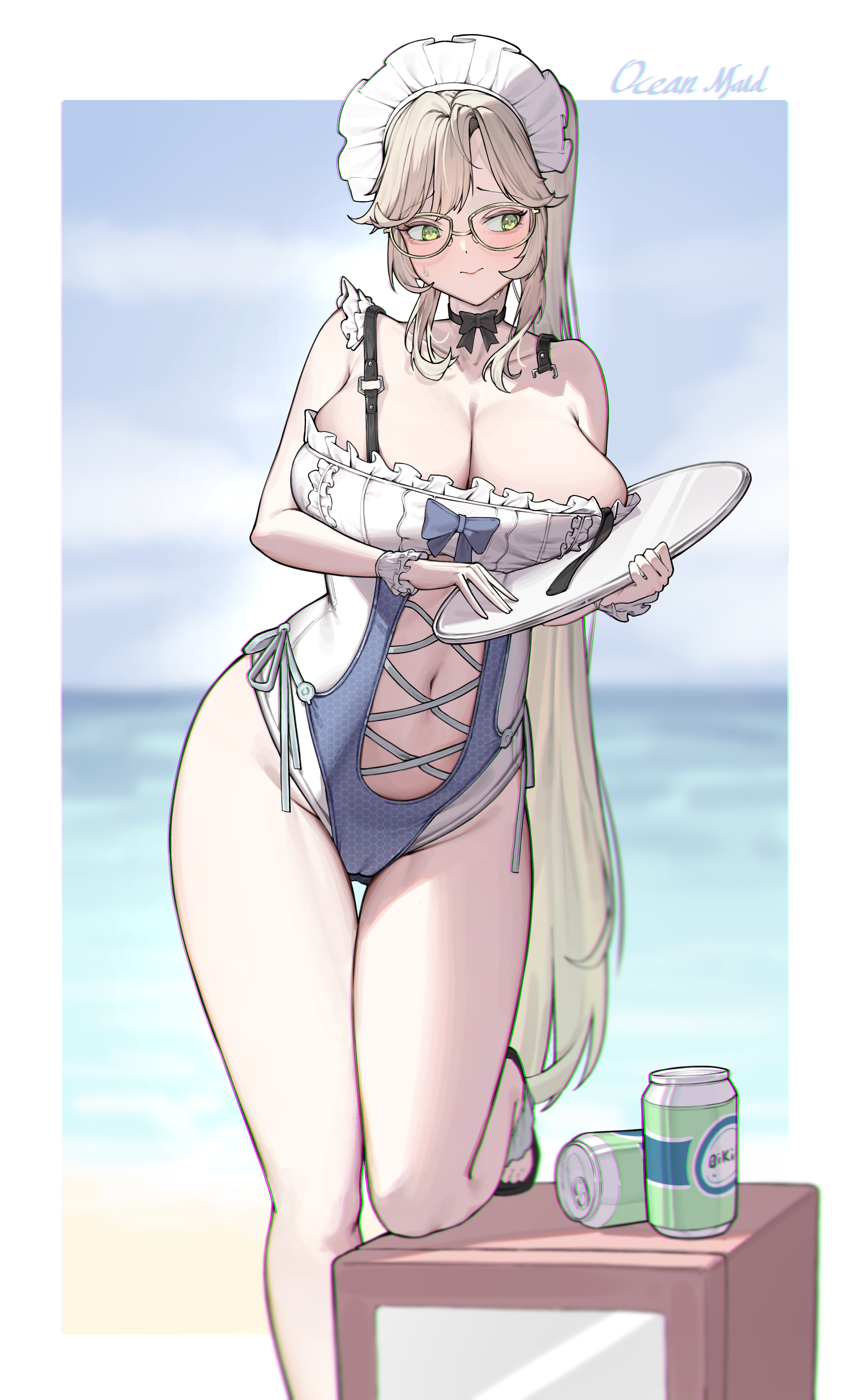 ko uniii, ade (nikke), goddess of victory: nikke, absurdres, commentary, highres, 1girl, alternate costume, alternate hairstyle, bare shoulders, beach, black bow, blonde hair, blue one-piece swimsuit, blush, bow, bow choker, breasts, can, choker, cleavage, closed mouth, clothing cutout, collarbone, drink can, frilled one-piece swimsuit, frills, glasses, green eyes, hair between eyes, holding, holding tray, large breasts, looking to the side, maid, maid headdress, maid one-piece swimsuit, navel, ocean, one-piece swimsuit, ponytail, sidelocks, soda can, solo, standing, standing on one leg, stomach, stomach cutout, swept bangs, swimsuit, tray, unconventional maid, white one-piece swimsuit, wrist cuffs