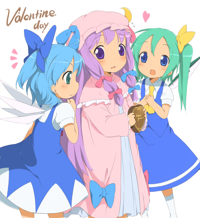kareha aki, cirno, daiyousei, patchouli knowledge, embodiment of scarlet devil, touhou, bad id, bad pixiv id, 3girls, aged down, blush, bow, candy, chocolate, chocolate heart, crescent, crescent hat ornament, english text, engrish text, female focus, food, hat, hat ornament, heart, mob cap, multiple girls, pink bow, ranguage, simple background, valentine, white background, wings