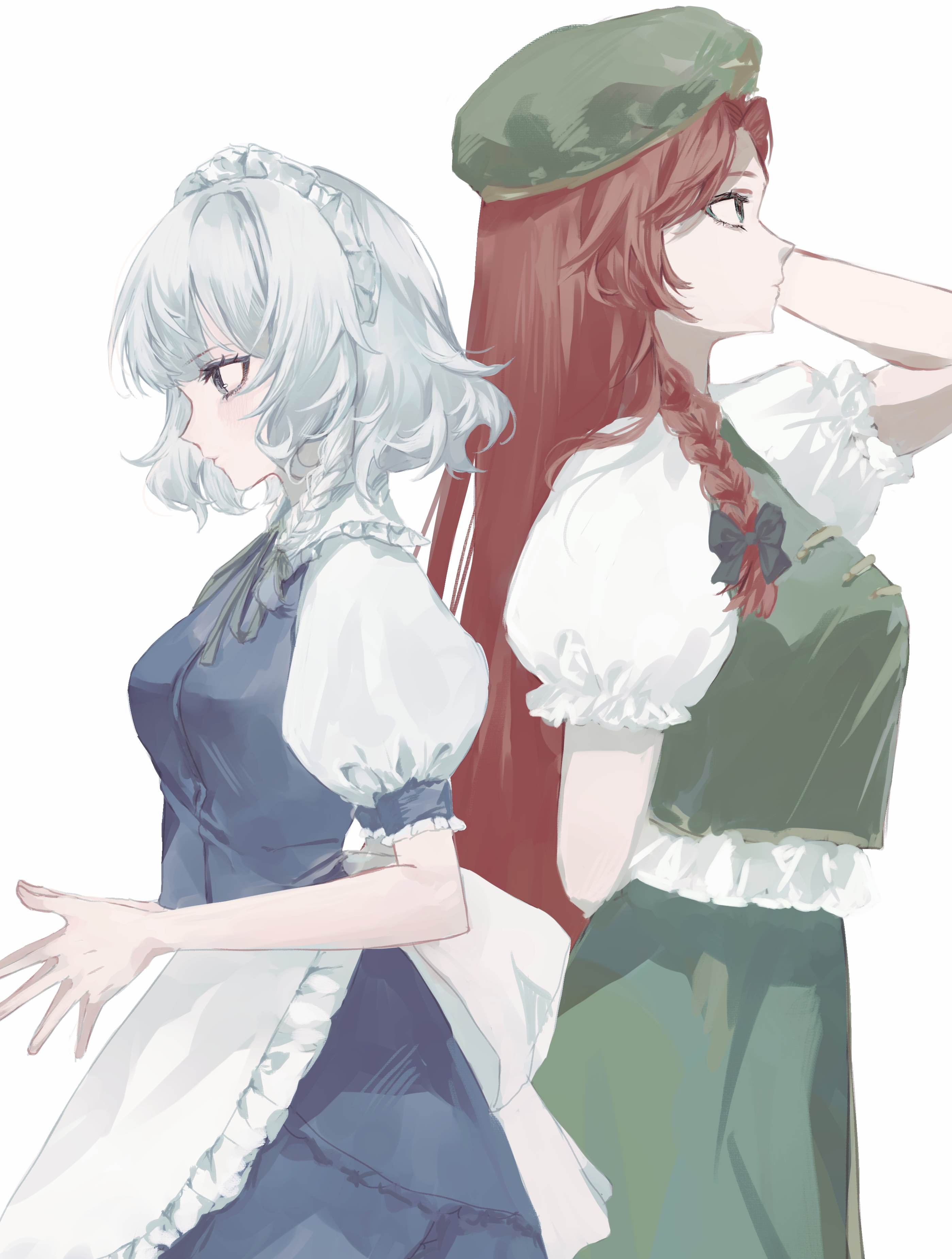 maguri rei, hong meiling, izayoi sakuya, touhou, absurdres, commentary request, highres, partial commentary, 2girls, apron, arm behind back, back-to-back, bare arms, beret, black bow, black ribbon, blue dress, bow, braid, breasts, brown hair, chinese clothes, dress, frilled apron, frilled sleeves, frills, green hat, green skirt, green vest, grey hair, hair bow, hat, long hair, looking ahead, maid, maid apron, maid headdress, medium breasts, medium hair, multiple girls, neck ribbon, own hands together, profile, puffy short sleeves, puffy sleeves, ribbon, shirt, short sleeves, simple background, single braid, skirt, skirt set, straight hair, very long hair, vest, waist apron, white apron, white background, white shirt