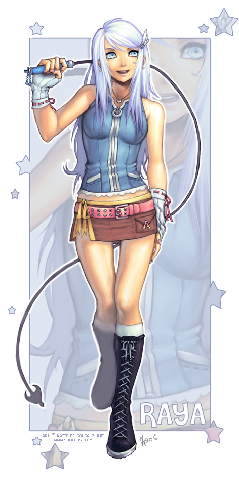 katie de sousa, looking away, 1girl, belt, blue eyes, boots, female focus, fingerless gloves, gloves, hair ornament, hairclip, jewelry, long hair, miniskirt, necklace, skirt, smile, solo, star (symbol), walking, whip, white hair