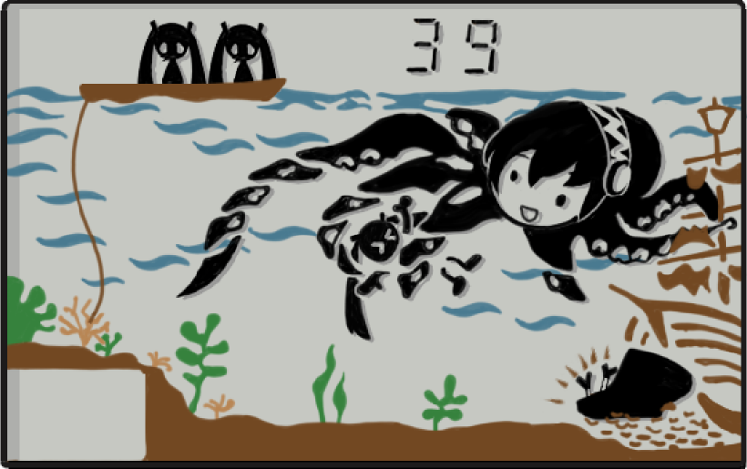 opapyon, hatsune miku, megurine luka, takoluka, game & watch, nintendo, octopus (game & watch), vocaloid, score, > <, 3girls, boat, closed eyes, death, fake screenshot, monster, multiple girls, ocean, octopus, parody, pun, ship, spring onion, sunken ship, tentacles, treasure chest, underwater, watercraft