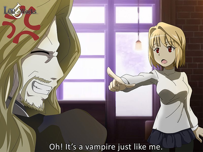 arcueid brunestud, vlad iii (fate/apocrypha), carnival phantasm, fate/apocrypha, fate (series), tsukihime, tsukihime (remake), 1boy, 1girl, anger vein, angry, beard, blue skirt, breasts, closed eyes, english text, facial hair, fake screenshot, grin, large breasts, lightarc00, long hair, miniskirt, open mouth, pantyhose, pointing, pointing at another, red eyes, short hair, skirt, smile, sweater, trait connection, turtleneck, turtleneck sweater, vampire, very long hair, wavy hair, white sweater