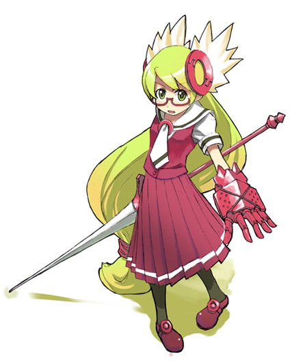glasses, lance, long hair, pantyhose, polearm, school uniform, serafuku, skirt, solo, spear, very long hair, weapon