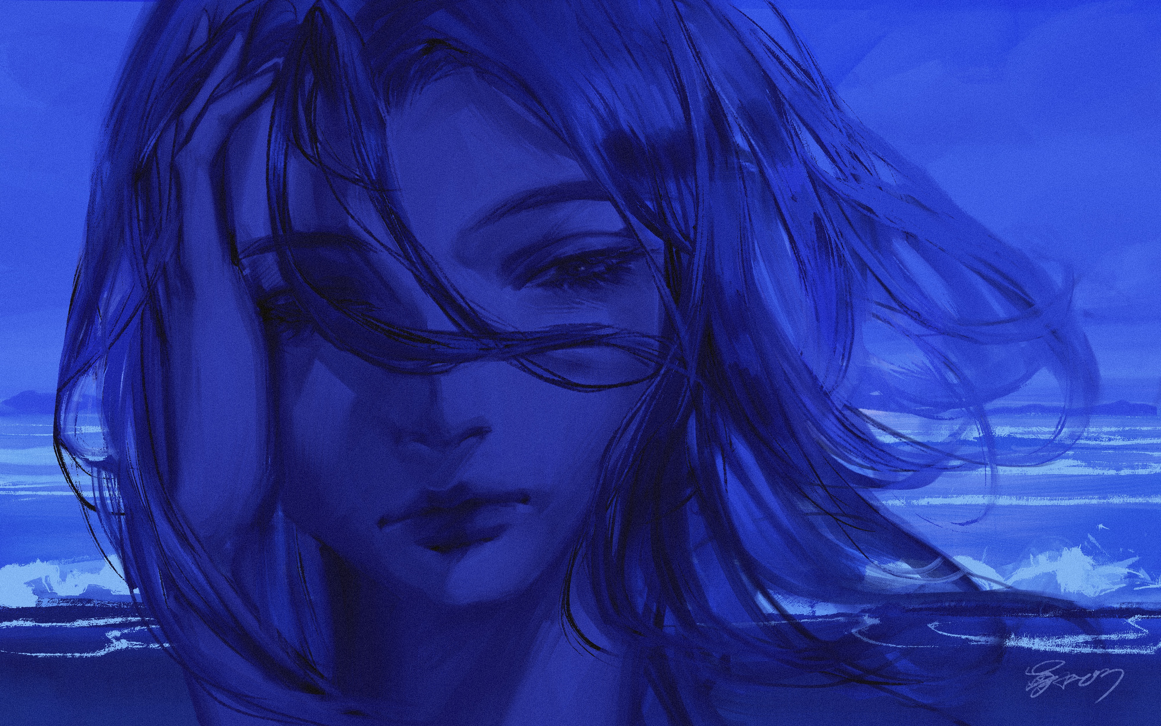 doloyume, original, absurdres, commentary request, highres, 1girl, blue theme, closed mouth, hair between eyes, hand on own face, hand up, long bangs, monochrome, ocean, outdoors, portrait, realistic, signature, solo