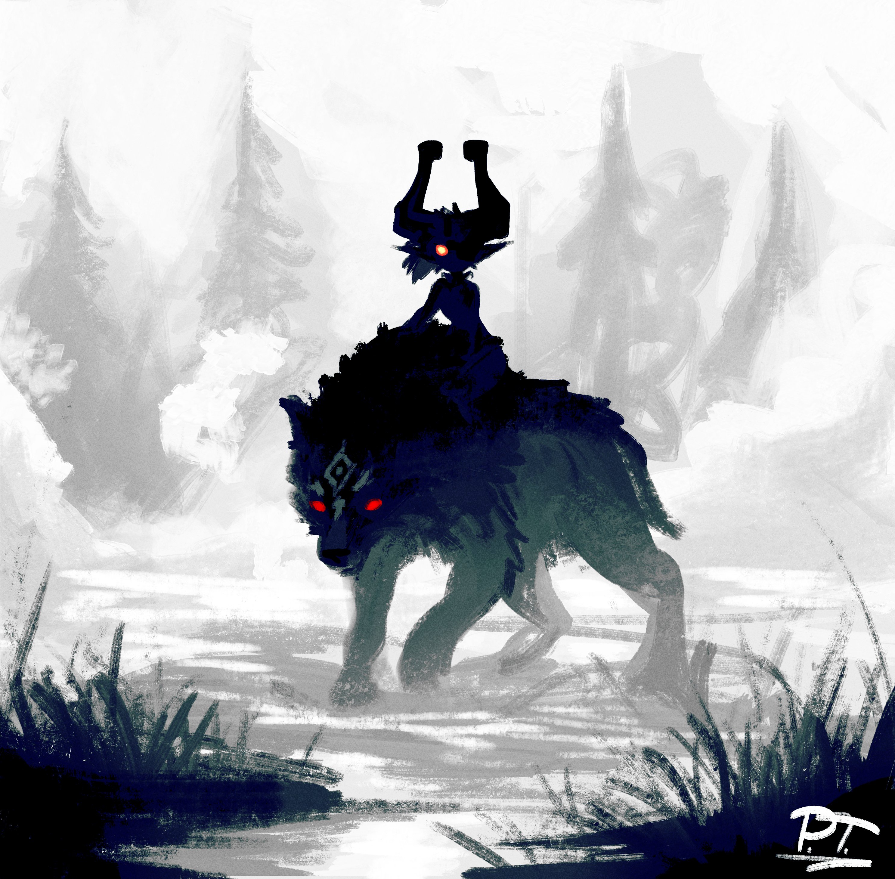 jpt arts, link, midna, wolf link, nintendo, the legend of zelda, the legend of zelda: twilight princess, absurdres, highres, 1girl, glowing, glowing eyes, grass, helmet, looking at viewer, orange eyes, pointy ears, red eyes, riding, riding animal, signature, tree