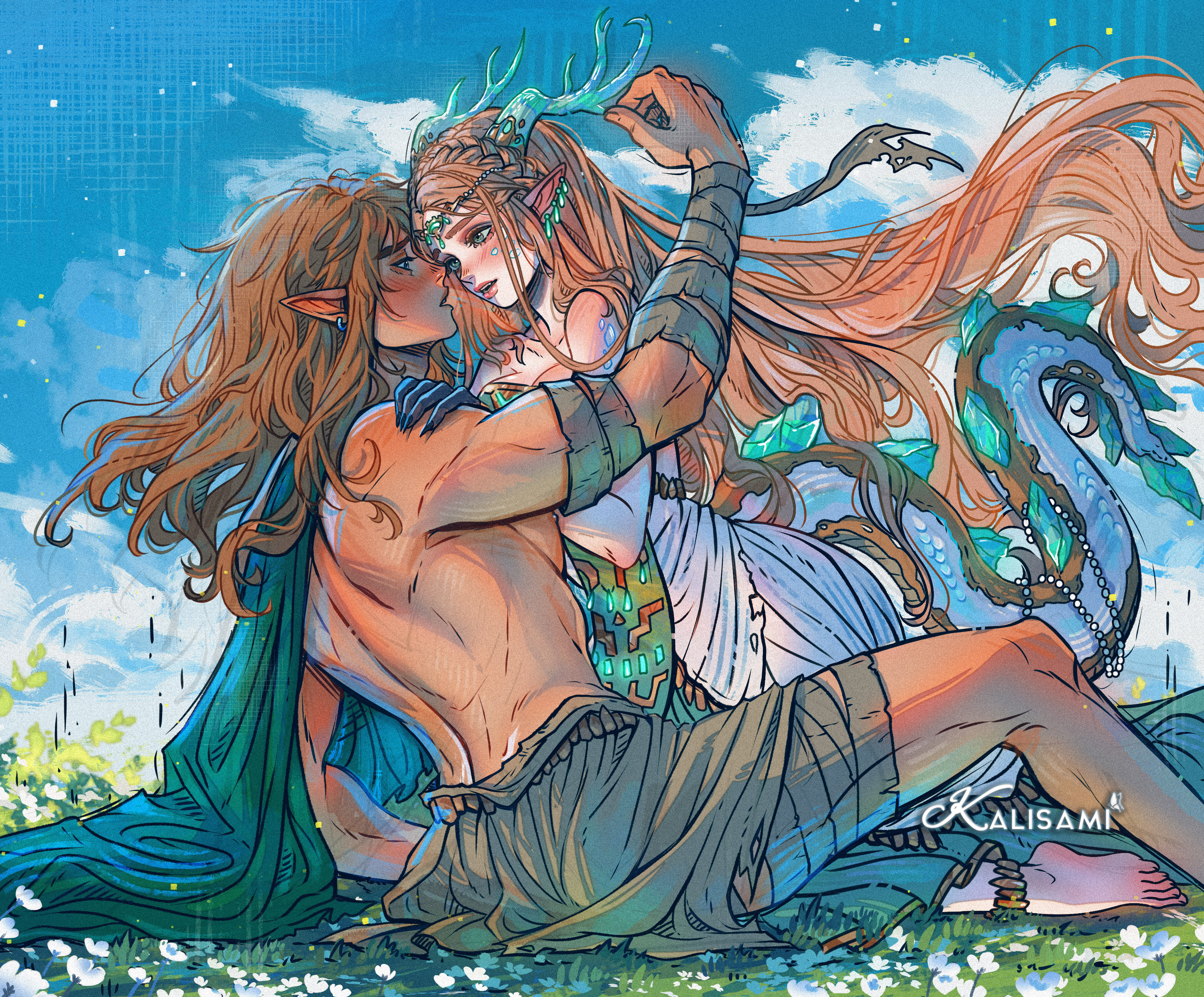 kalisami1, light dragon (zelda), link, princess zelda, nintendo, the legend of zelda, the legend of zelda: tears of the kingdom, absurdres, commentary, english commentary, highres, spoilers, 1boy, 1girl, anklet, barefoot, blonde hair, blue sky, claws, cloud, cloudy sky, day, dragon horns, dragon tail, dress, earrings, hetero, horns, imminent kiss, jewelry, long hair, multiple earrings, pointy ears, sky, spines, tail, very long hair