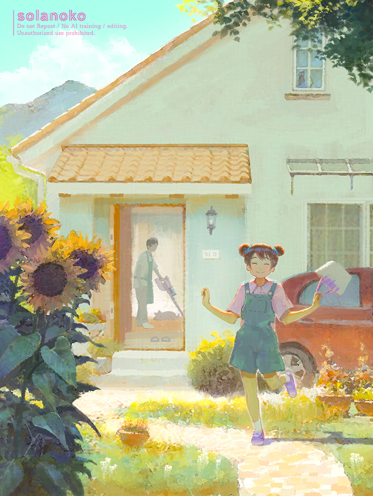 solanoko, original, commentary request, 1boy, 1girl, ^ ^, artist name, bag, brown hair, building, car, closed eyes, closed mouth, day, denim overalls, double-parted bangs, double bun, flower, foot up, hair bun, handbag, happy, holding, holding bag, house, motor vehicle, open door, outdoors, overall shorts, overalls, path, pink shirt, pink shoes, road, shadow, shirt, shoes, short sleeves, slice of life, smile, solo focus, standing, standing on one leg, summer, sunflower, yellow flower