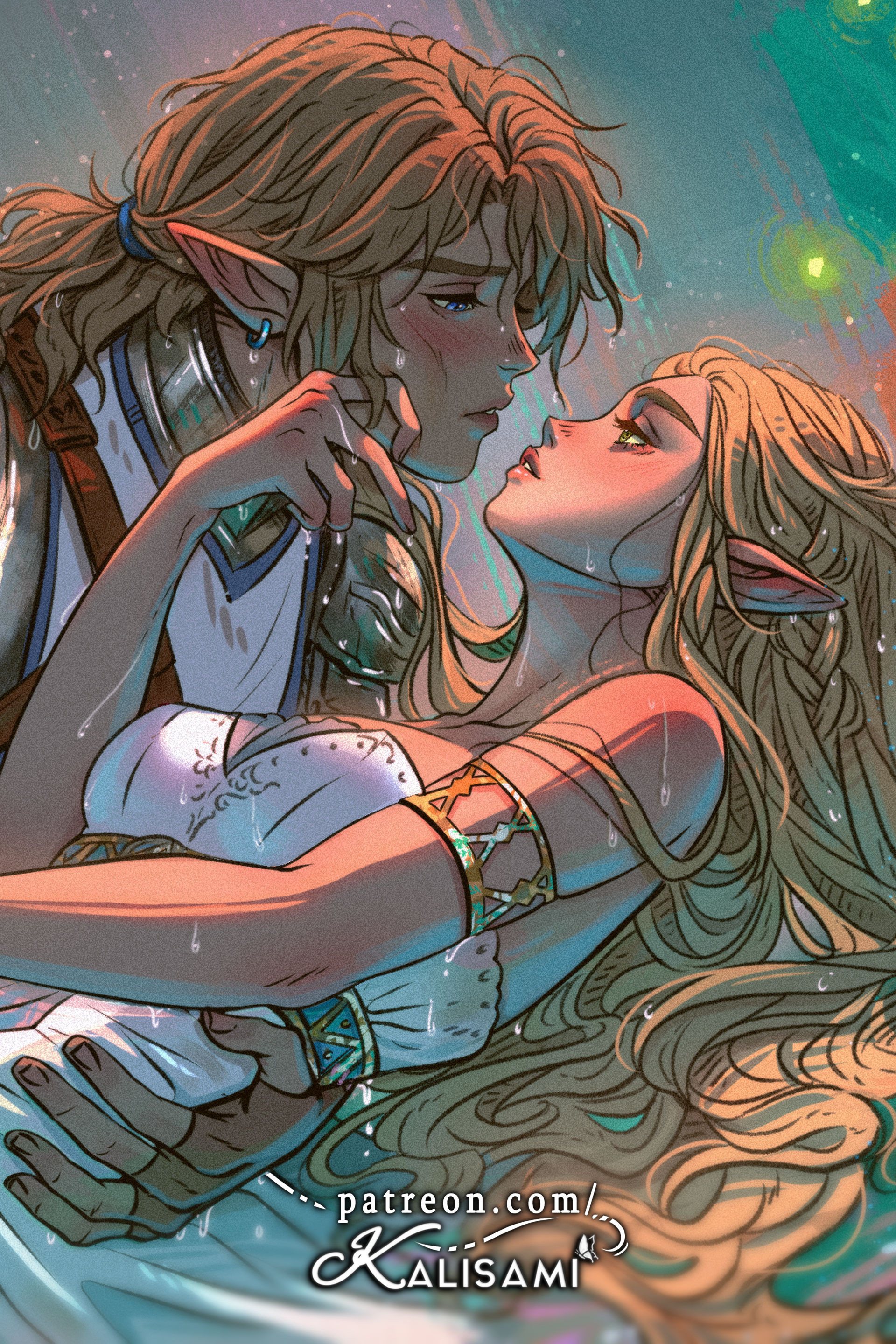 kalisami1, link, princess zelda, nintendo, the legend of zelda, the legend of zelda: breath of the wild, absurdres, commentary, english commentary, highres, 1boy, 1girl, arm around waist, armlet, armor, armored boots, artist name, bare shoulders, black pants, blush, boots, breasts, couple, dress, earrings, fingerless gloves, gloves, hair tie, hand on another's cheek, hand on another's face, hetero, holding hands, jewelry, long dress, long hair, looking at another, low ponytail, medium breasts, pants, parted bangs, parted lips, partially submerged, pointy ears, ponytail, shoulder armor, soldier's set (zelda), strapless, strapless dress, wet, white dress