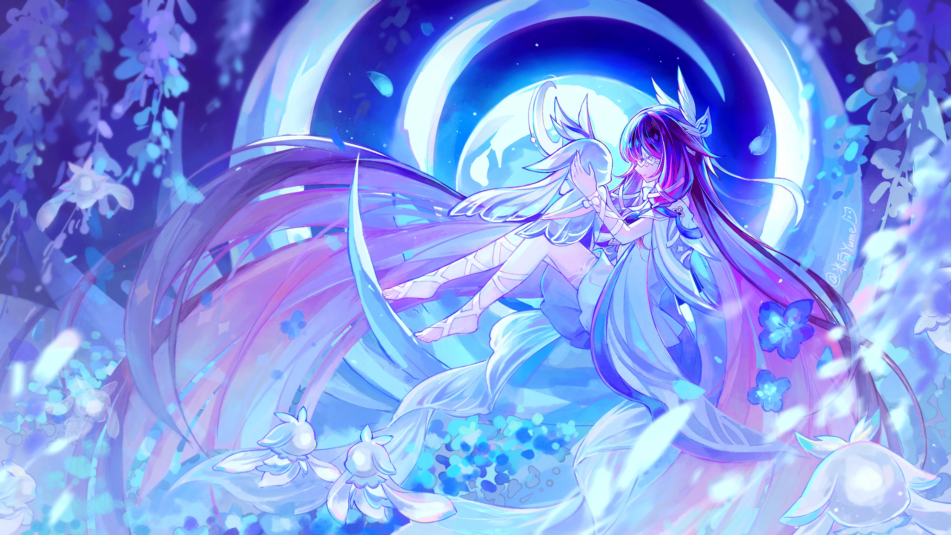 mibai yume, columbina (genshin impact), genshin impact, absurdres, highres, 1girl, absurdly long hair, barefoot, black hair, closed eyes, columbina (nod-krai) (genshin impact), dress, floating, flower, full body, hair ornament, kuuhenki (genshin impact), long hair, luonnotar (genshin impact), moon, multicolored hair, pillar, pink hair, purple hair, solo, very long hair, white dress