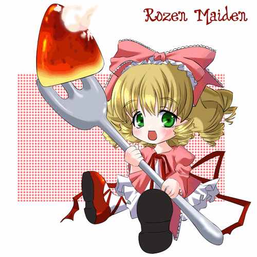 hinaichigo, rozen maiden, lowres, 00s, 1girl, blonde hair, bow, copyright name, food, fork, fruit, green eyes, hair bow, name connection, object namesake, oversized object, strawberry