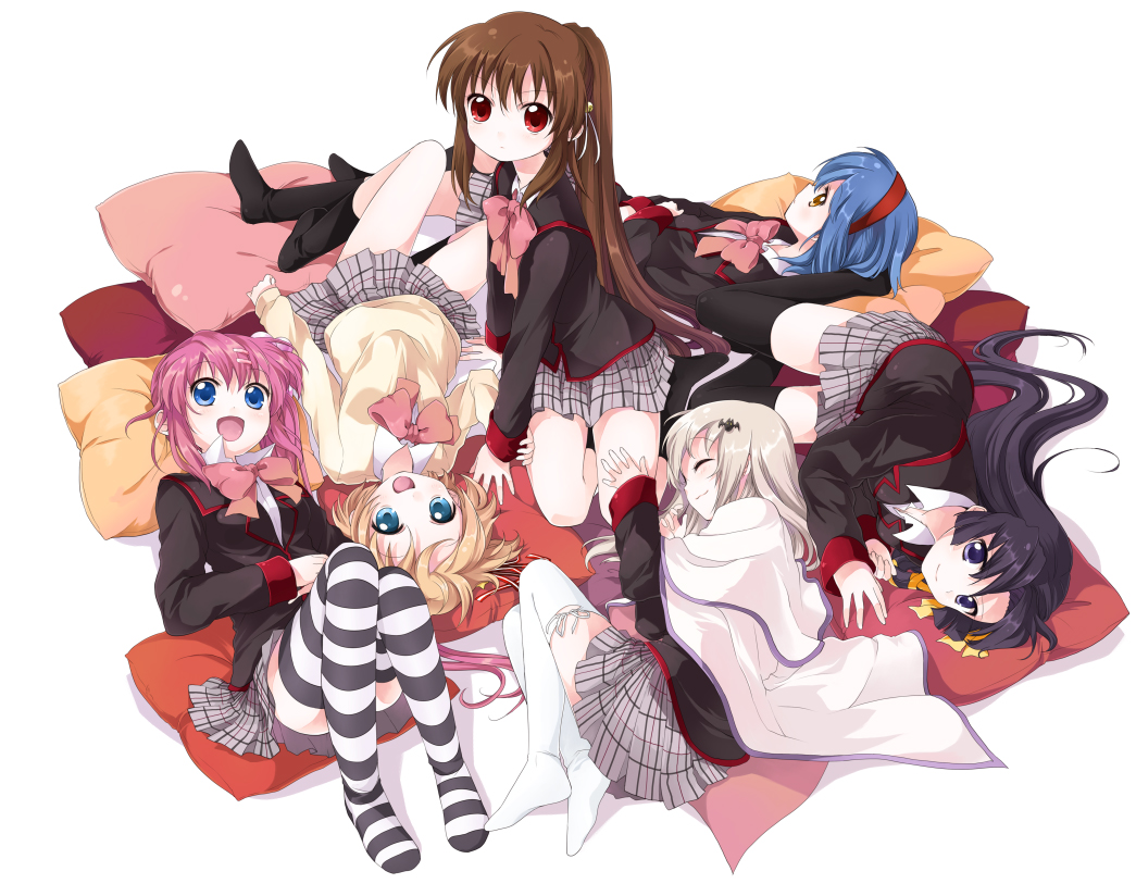 namori, kamikita komari, kurugaya yuiko, natsume rin, nishizono mio, noumi kudryavka, saigusa haruka, little busters!, striped legwear, 6+girls, :d, ^ ^, blazer, bow, cape, closed eyes, hair ornament, hair ribbon, hairband, hairclip, jacket, legs, lying, multiple girls, no shoes, open mouth, pink bow, plaid clothes, plaid skirt, ponytail, ribbon, school uniform, side ponytail, skirt, smile, socks, striped clothes, striped thighhighs, thighhighs