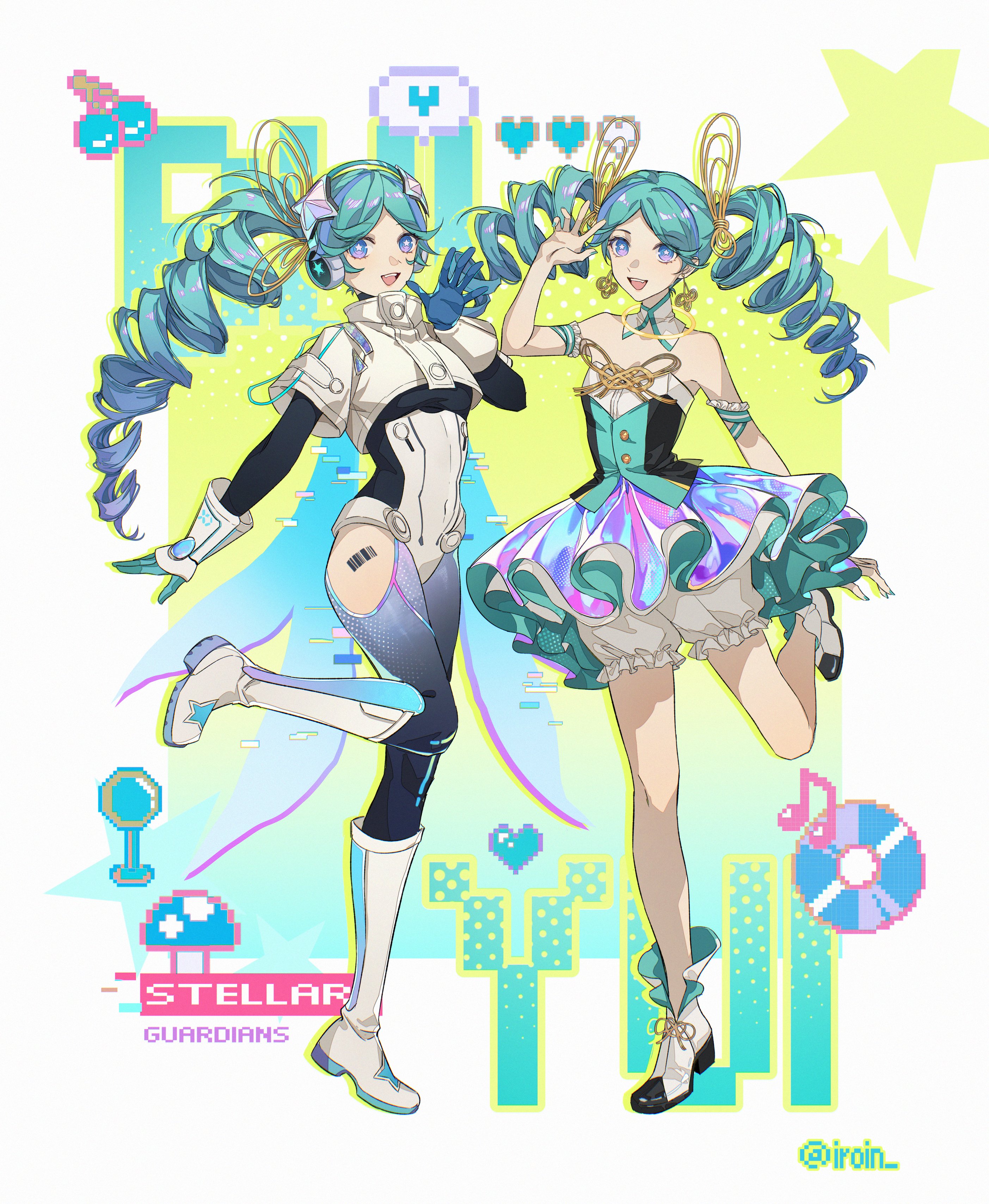 yui (p5x), persona, persona 5, persona 5: the phantom x, absurdres, commentary, highres, 2girls, aqua hair, aqua nails, barcode, barcode tattoo, bloomers, blue eyes, boots, character name, collar, detached sleeves, dress, drill hair, dual persona, earrings, english text, full body, gloves, gold earrings, hair ornament, hand up, headphones, holographic clothing, iroin11, jewelry, layered dress, long hair, looking at viewer, multicolored eyes, multiple girls, open mouth, pixel art inset, purple eyes, side drill, smile, standing, standing on one leg, star-shaped pupils, star (symbol), star hair ornament, symbol-shaped pupils, tattoo, teeth, twin drills, twitter username, two-tone eyes, underwear, upper teeth only, white background, white bloomers, white boots