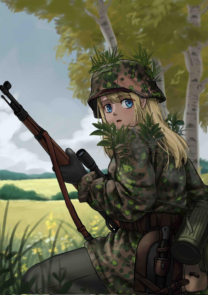 mardjan, original, commentary, commission, english commentary, weapon request, 1girl, birch tree, black gloves, black pants, blonde hair, blue eyes, blue sky, camouflage, camouflage headwear, camouflage jacket, cloud, cloudy sky, day, flower, from side, gloves, grass, gun, helmet, holding, holding gun, holding weapon, jacket, long hair, looking at viewer, looking to the side, outdoors, pants, parted lips, rifle, scope, sky, sniper rifle, solo, tree, weapon, white flower, yellow flower