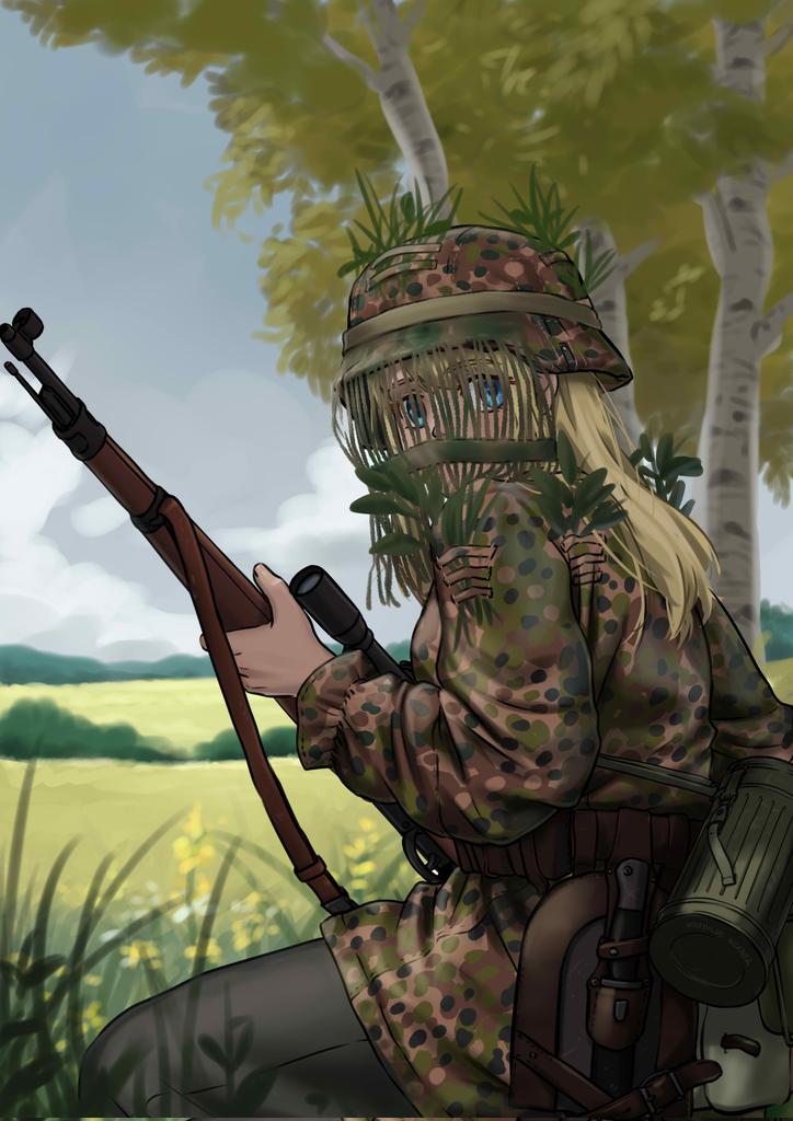 mardjan, original, commission, weapon request, 1girl, birch tree, black pants, blonde hair, blue eyes, blue sky, camouflage, camouflage headwear, camouflage jacket, cloud, cloudy sky, day, flower, from side, grass, gun, helmet, holding, holding gun, holding weapon, jacket, long hair, looking at viewer, looking to the side, outdoors, pants, parted lips, rifle, scope, sky, sniper rifle, solo, tree, weapon, white flower, yellow flower