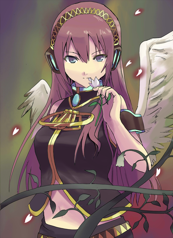 hyakuen raitaa, megurine luka, vocaloid, bad id, bad pixiv id, 1girl, blue eyes, breasts, female focus, flower, gradient background, headphones, holding, holding flower, long hair, midriff, pink hair, purple hair, solo, wings
