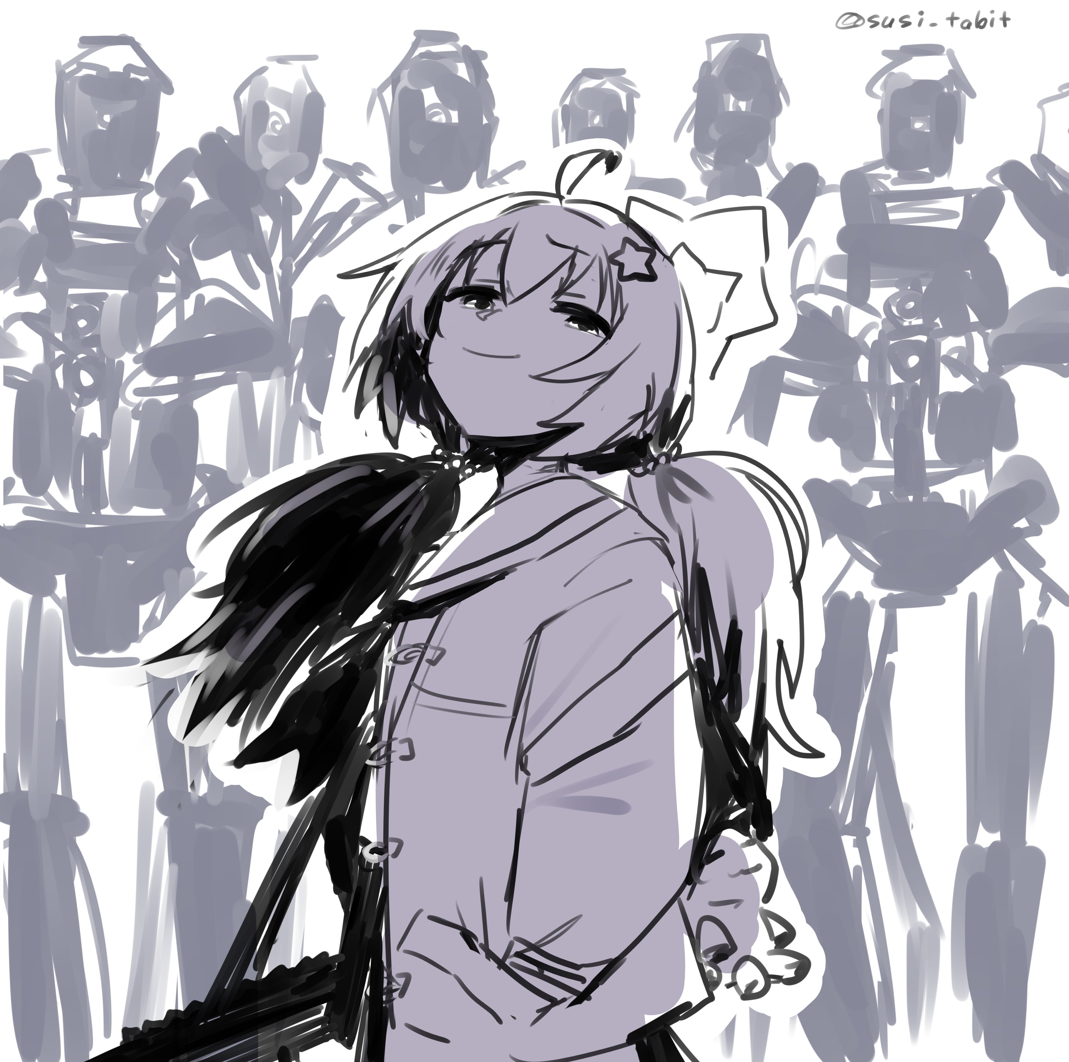 susi tabit, kaiser pmc robot mercenary (blue archive), reisa (blue archive), absurdres, highres, 1girl, ahoge, aiming, aiming at viewer, from side, greyscale, gun, hair ornament, halo, hands in pockets, head tilt, holding, holding gun, holding weapon, long hair, looking at viewer, low twintails, monochrome, raised eyebrow, robot, school uniform, serafuku, sketch, smile, smug, star (symbol), star hair ornament, twintails, twitter username, upper body, weapon