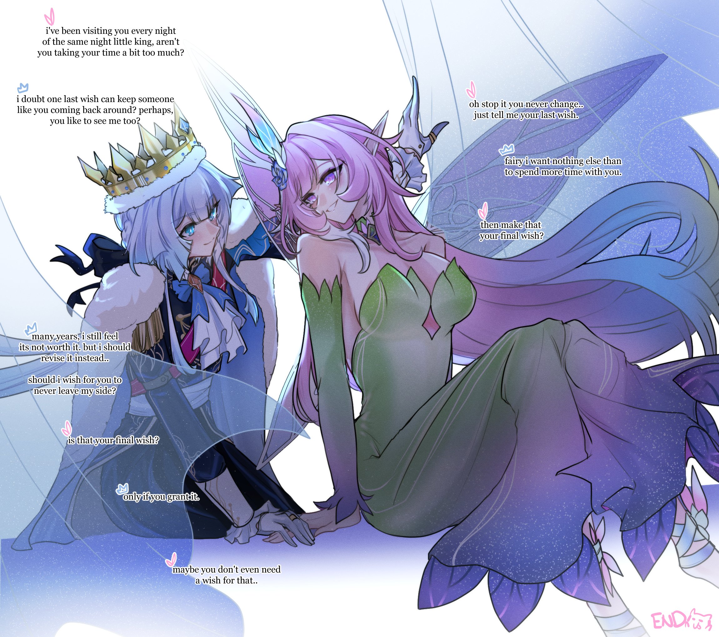 choikfu, cerydra (honkai: star rail), cyrene (honkai: star rail), cyrene (ripples of past reverie) (honkai: star rail), honkai: star rail, honkai (series), commentary, english commentary, highres, 2girls, alternate costume, alternate species, arm up, ascot, backlighting, bare shoulders, black bow, black pants, blue eyes, blue flower, blue ribbon, bow, braid, breasts, bright pupils, brooch, cape, couple, crown, curtains, detached sleeves, diamond-shaped pupils, diamond (shape), dress, english text, epaulettes, eye contact, fairy, fairy wings, feet out of frame, flower, formal clothes, frilled sleeves, frills, fur-trimmed crown, fur cape, fur trim, gloves, gold ring, green dress, green sleeves, grin, hair bow, hair flower, hair ornament, hand on another's hand, jewelry, king, kishimen hair, knees up, large breasts, long dress, long hair, looking at another, middle ring, multicolored hair, multiple girls, nape braid, neck ribbon, ouji fashion, pants, pink eyes, pink hair, pink wings, pointed crown, pointy ears, profile, ribbon, sash, see-through curtains, shoulder sash, simple background, sitting, sleeve cuffs, smile, straight hair, strapless, strapless dress, streaked hair, symbol-shaped pupils, talking, thumb ring, turning head, two-tone hair, very long hair, white ascot, white background, white cape, white gloves, white hair, white pupils, white streaks, wings, yuri