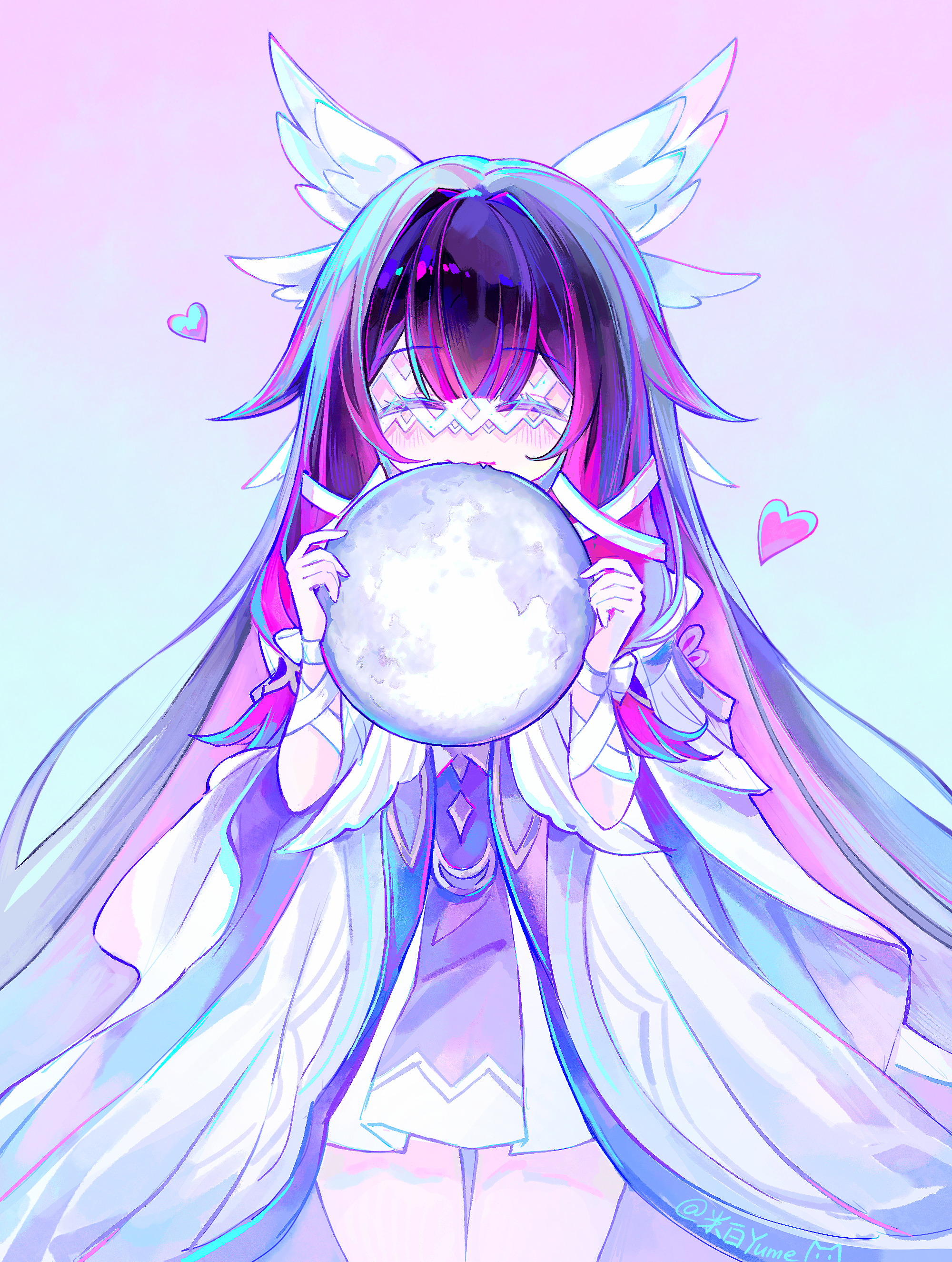 mibai yume, columbina (genshin impact), genshin impact, absurdres, highres, 1girl, black hair, closed eyes, coat, columbina (nod-krai) (genshin impact), dress, eye mask, facing viewer, fur trim, hair ornament, head wings, heart, holding, long hair, mask, moon, multicolored hair, open mouth, pink hair, purple hair, smile, solo, streaked hair, white coat, wings
