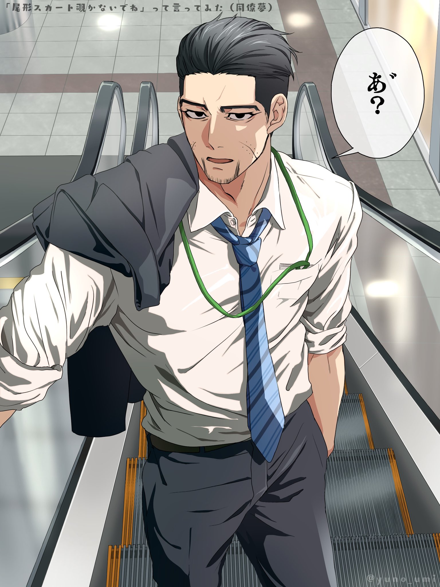 washiko (rasuko), ogata hyakunosuke, golden kamuy, commentary request, highres, 1boy, adam's apple, black eyes, black hair, black pants, blue necktie, collared shirt, escalator, facial hair, goatee stubble, hair slicked back, hand in pocket, indoors, jacket, jacket over shoulder, looking at viewer, male focus, mature male, necktie, pants, shirt, short hair, sideburns, solo, striped necktie, stubble, unworn jacket, white shirt
