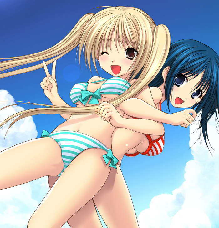azuma yuki, schoolmate (manga), 2girls, back-to-back, bikini, blonde hair, blue eyes, blue hair, blush, breasts, brown eyes, cloud, day, locked arms, long hair, medium breasts, midriff, multiple girls, navel, one eye closed, sky, smile, striped bikini, striped clothes, swimsuit, twintails, underboob, v, wink
