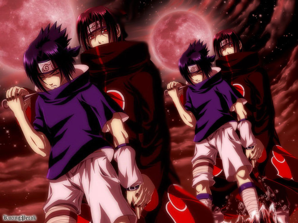 yanagoya, uchiha itachi, uchiha sasuke, naruto (series), brother, naruto, wallpaper, akatsuki (naruto), black hair, brothers, cloak, family, headband, holding hands, incest, kucing perak, kunai, moon, nail polish, red eyes, siblings, standing, water, weapon, wet
