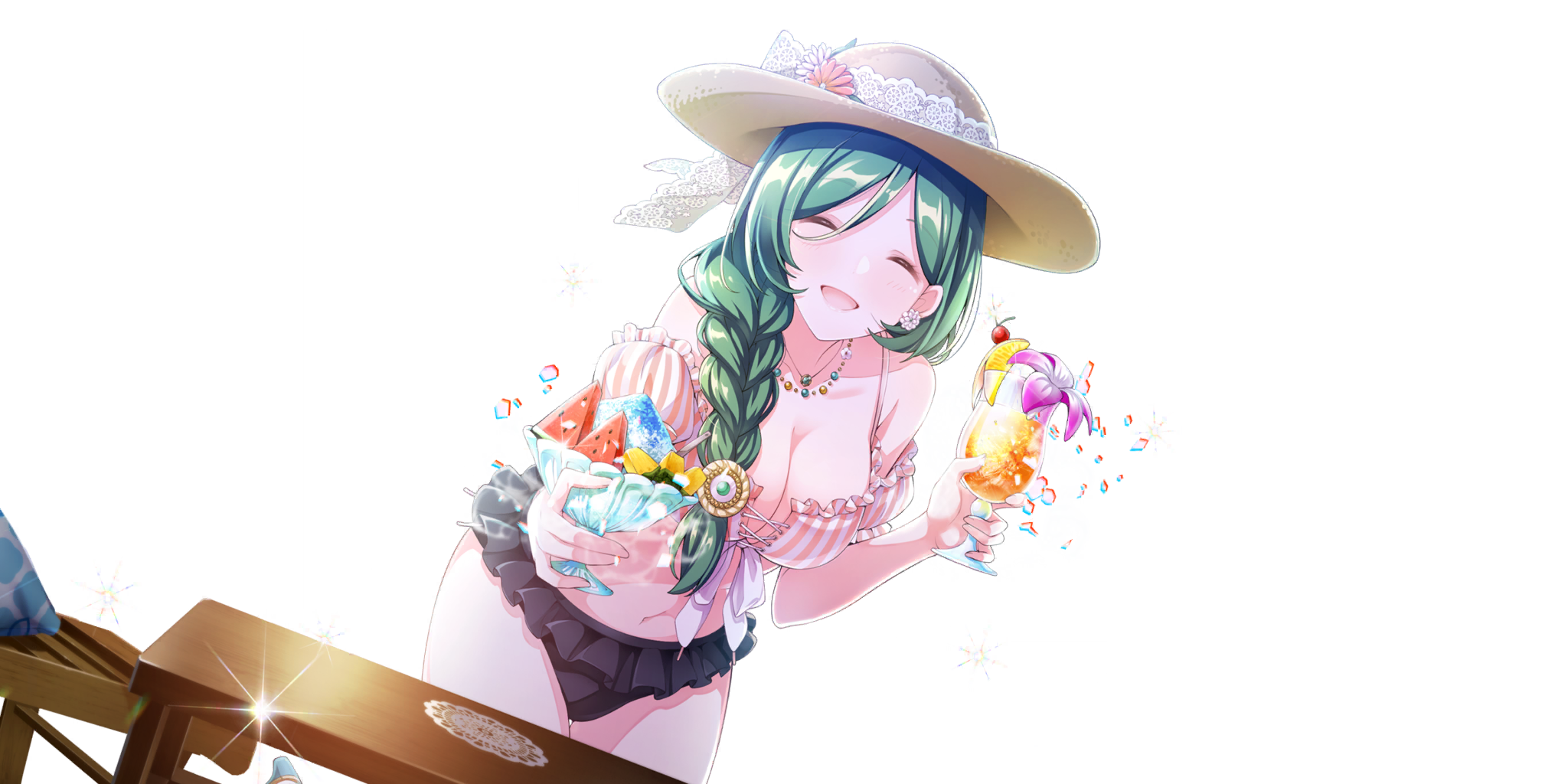 millefeuille (lapis re:lights), lapis re:lights, game cg, highres, official art, third-party source, 1girl, bikini, black bikini, blue gemstone, braid, breasts, brown hat, chair, cherry, cleavage, collarbone, cup, detached sleeves, doily, drink, drinking glass, dutch angle, earrings, facing viewer, flower, flower earrings, flower in drink, food, fruit, gem, green hair, hair ornament, hat, hat ribbon, hibiscus, holding, holding cup, holding drink, incoming food, jewelry, lace ribbon, large breasts, leaning forward, lemon, lemon slice, long braid, mismatched bikini, navel, necklace, open mouth, pink flower, purple flower, ribbon, shaved ice, short sleeves, simple background, single braid, smile, solo, sparkle, straw hat, striped bikini, striped clothes, swimsuit, table, transparent background, vertical-striped bikini, vertical-striped clothes, watermelon, watermelon slice, white bikini, white flower, white ribbon, wooden chair, wooden table