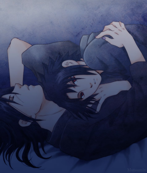 uchiha itachi, uchiha sasuke, naruto (classic), naruto (series), brother, artist request, 2boys, bed, black hair, brothers, family, hug, incest, long hair, male focus, multiple boys, red eyes, siblings, sleeping, yaoi