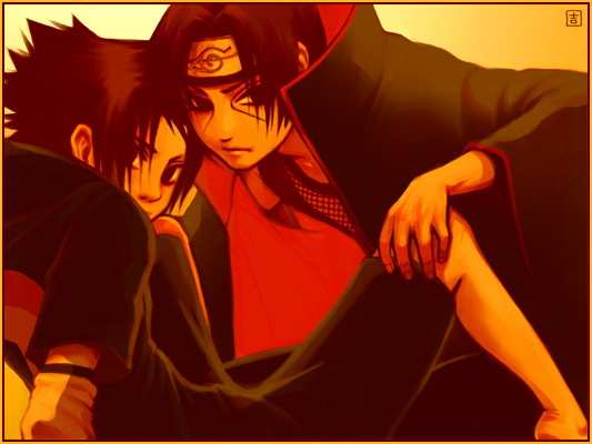 uchiha itachi, uchiha sasuke, naruto (classic), naruto (series), brother, artist request, 2boys, akatsuki (naruto), barefoot, black hair, brothers, child, family, gradient background, holding legs, incest, long hair, male focus, multiple boys, siblings, yaoi